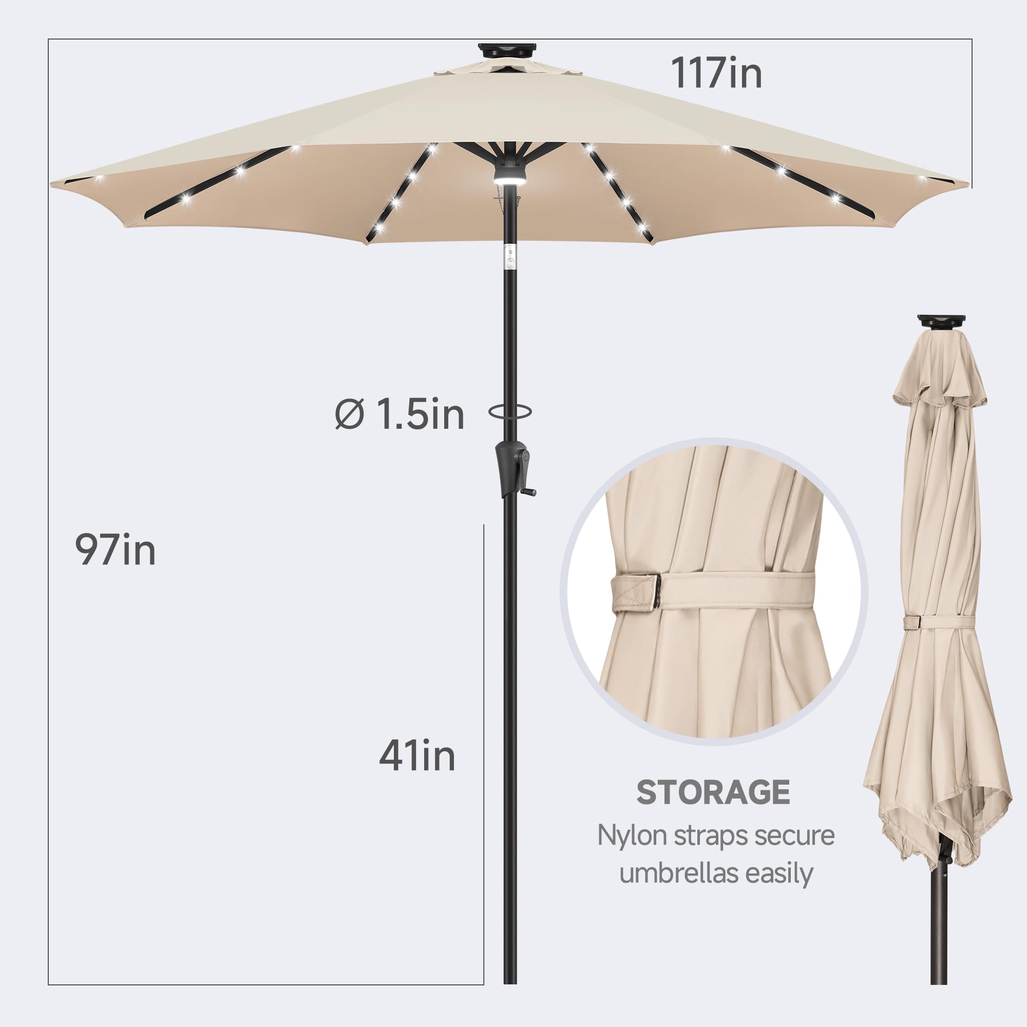 FLAME&SHADE 10 ft Solar Powered Outdoor Patio Umbrella with LED Lights and Tilt - Beige Waterproof Sun Shade for Garden, Poolside, Backyard and Beach