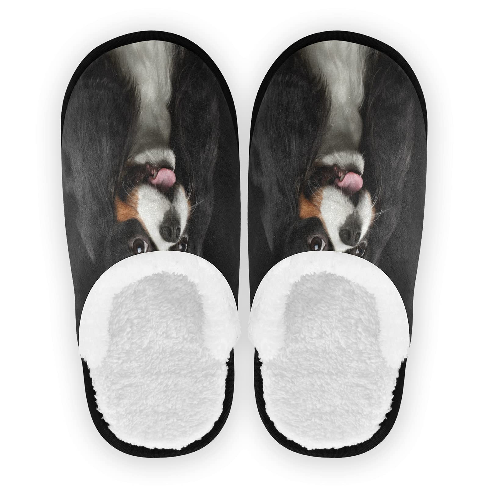 HMZXZ Animal Print Dog Slippers for Women, Men & Kids - Cozy Coral Fleece Indoor House Shoes for Bedroom & Lounge - Non-Slip Comfortable Home Slippers with Black Dog Design