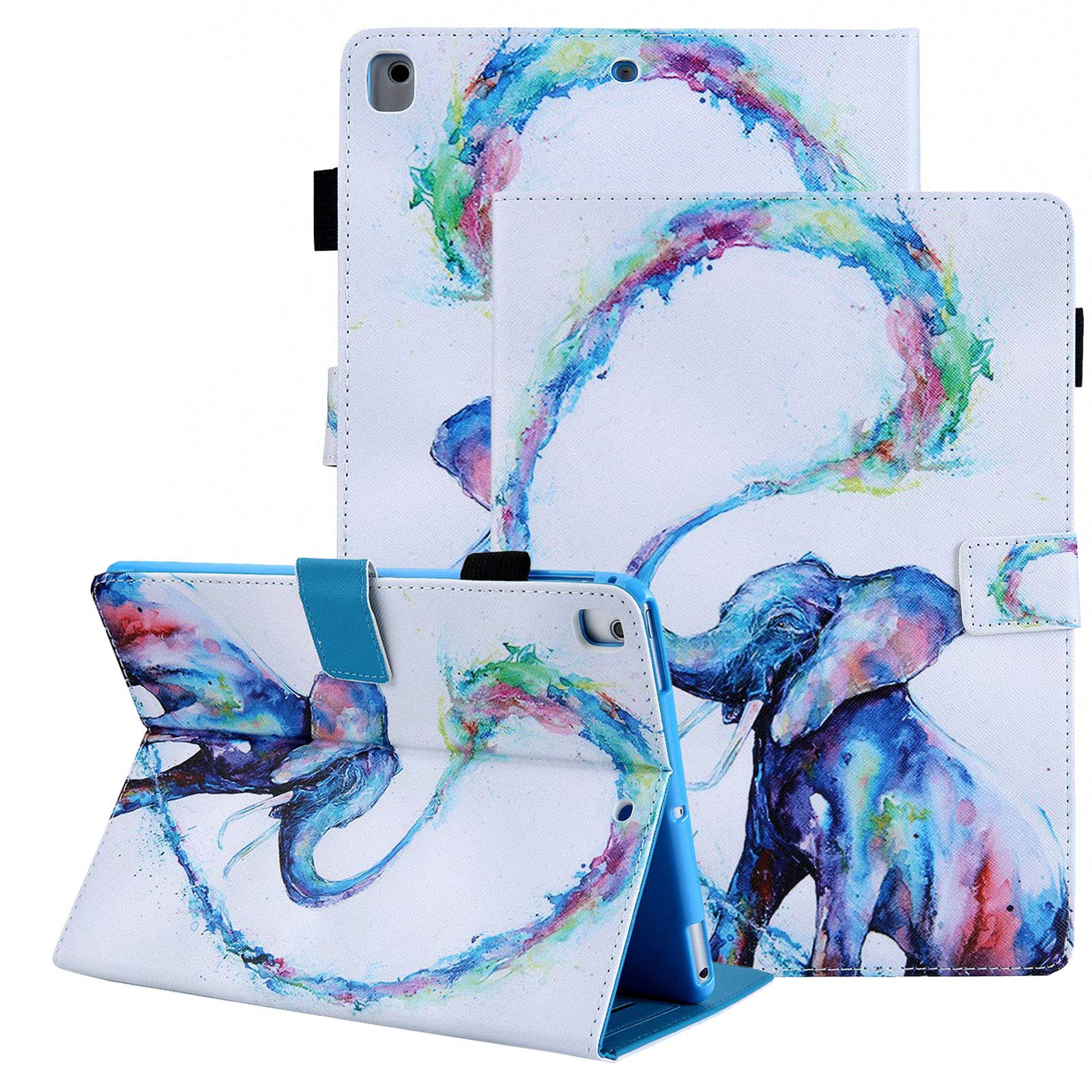 Premium iPad 9.7 Case (2018/2017/6th/5th Gen & Air 1/2/Pro 9.7) with Pencil Holder - Auto Wake/Sleep Smart Cover Stand - Stylish Paint Elephant Design - Perfect for Work, School & Travel