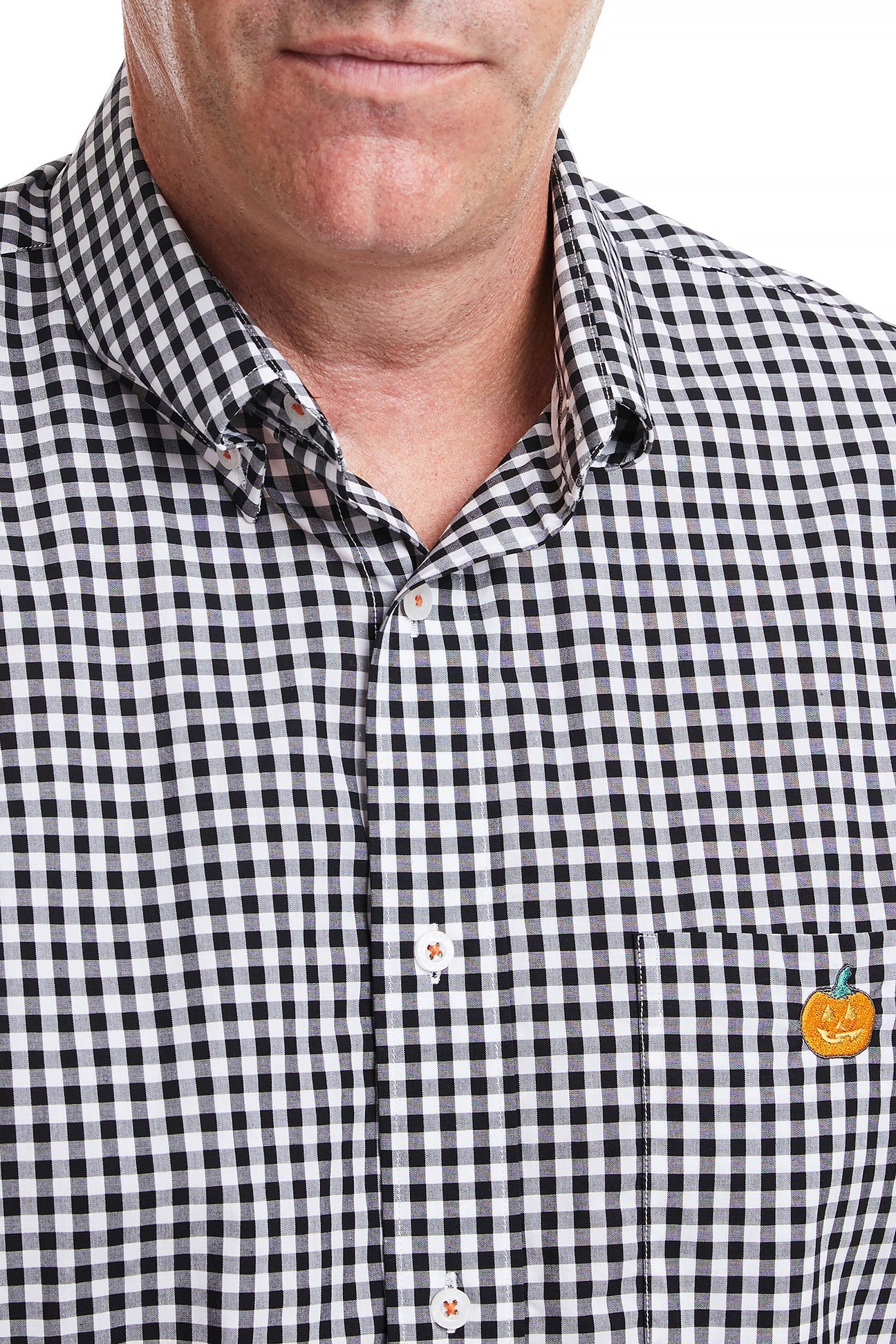Chase Shirt Wide Gingham Black with Single Jack O'Lantern - Stylish Halloween Button-Up Shirt for Men, Women - Perfect for Costume Parties, Trick or Treating & Fall Festivals