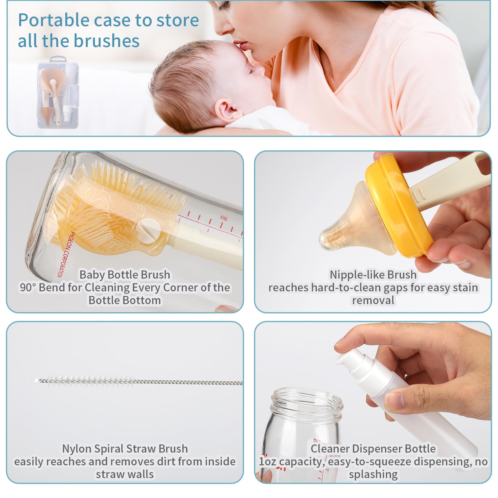 **VOOWO Baby Bottle Brush Set - Silicone Travel Bottle Cleaner Kit with Nipple Brush, Straw Cleaner & Soap Dispenser | Perfect for On-the-Go Parents & Baby Feeding Essentials (White)**