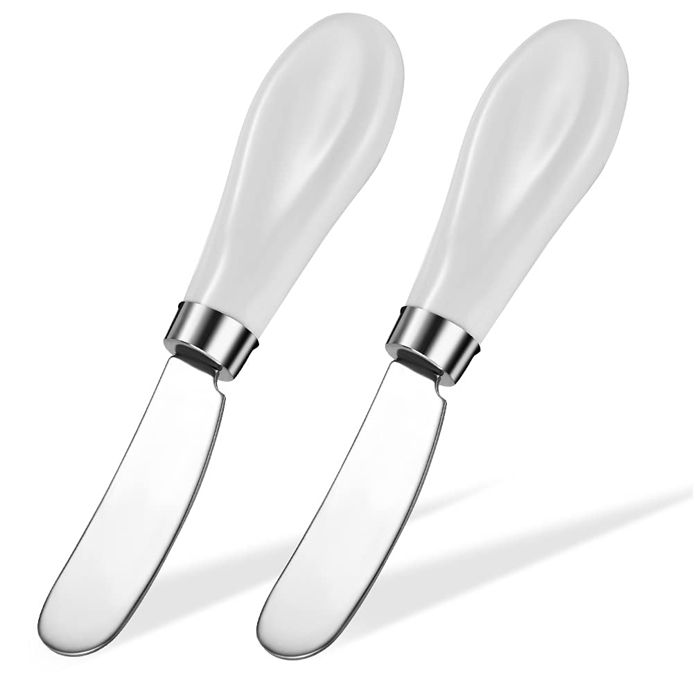 2 Pack Stainless Steel Butter Knife with White Porcelain Handle - Cheese & Butter Spreader Set for Kitchen, Breakfast, Brunch & Entertaining