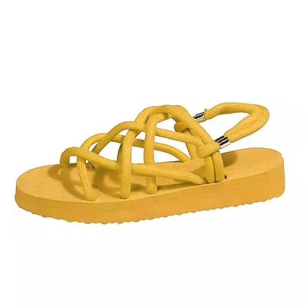PIANAI Women's Wedge Sandals - 2021 New Flat Summer Sandals & Slippers | European Style Hemp Rope Rubber Beach Shoes | Comfortable Casual Footwear for Women (Yellow, Size 37) - Perfect for Beach Vacations, Poolside Lounging & Summer Outings
