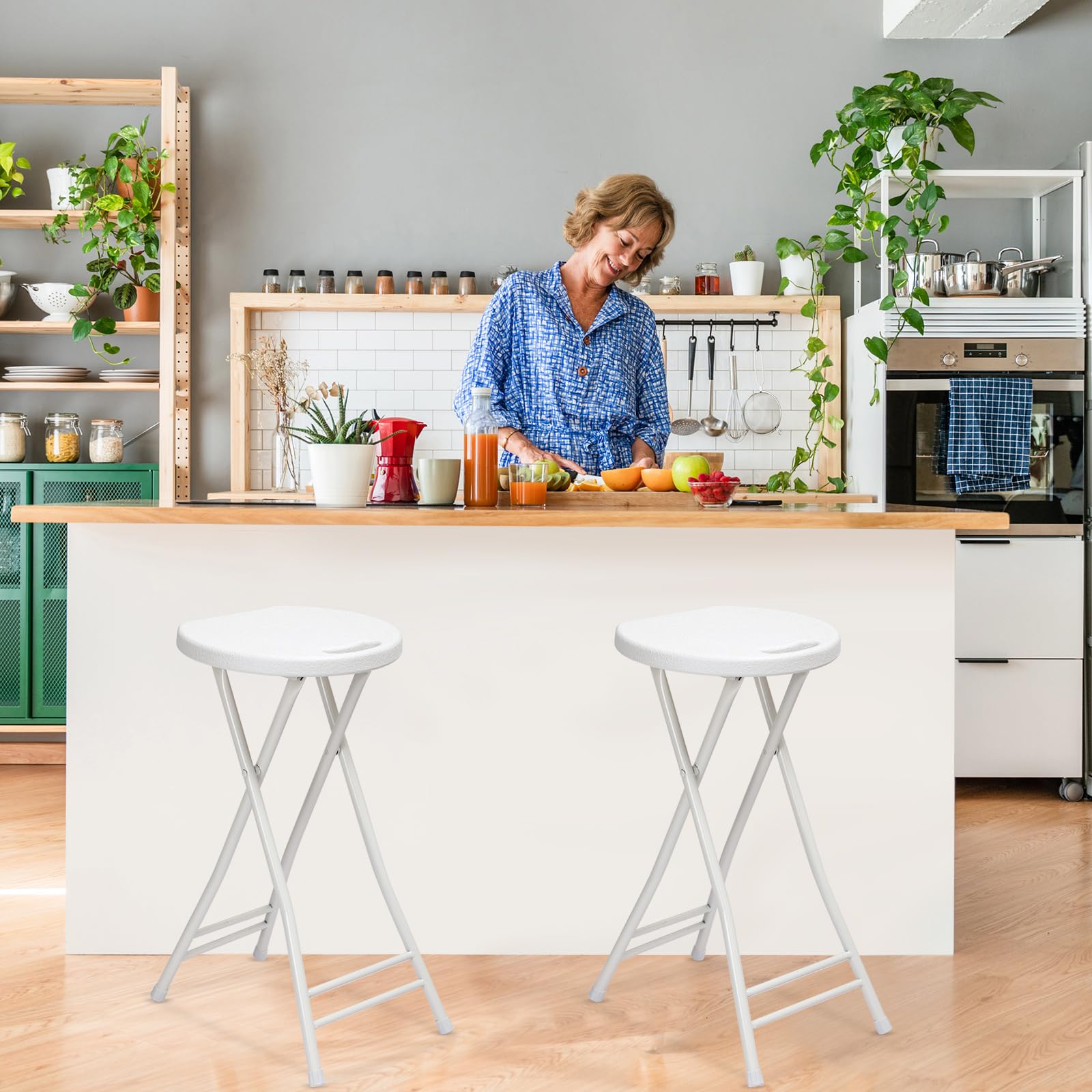 Suzile 2 Pack 24 Inch Folding Stool Chairs - Heavy Duty Portable Plastic Bar Stools with Handle for Adults, 300lbs Capacity - Perfect for Kitchen Counter, Home, Camping, Indoor & Outdoor Use (White)