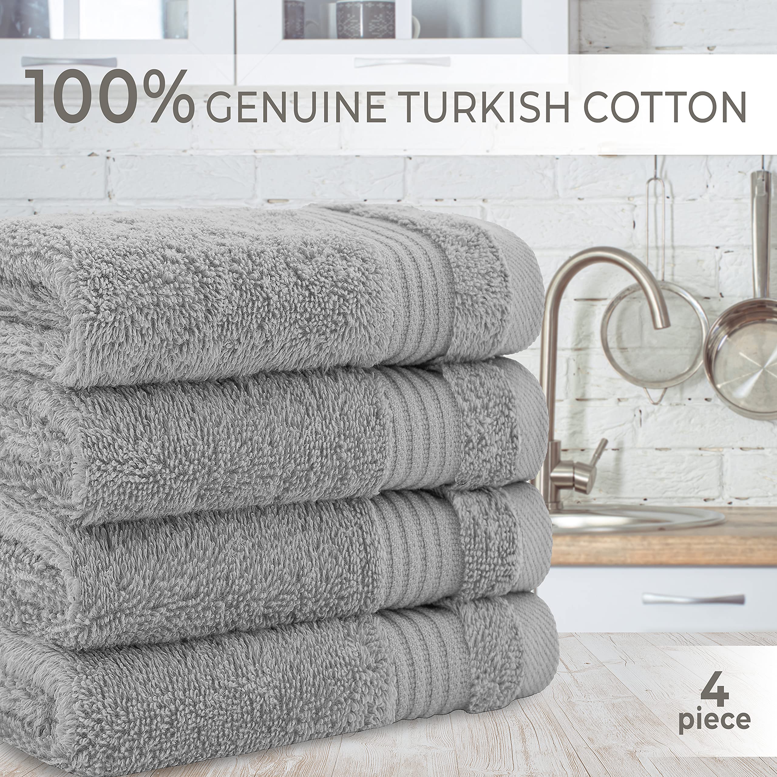 100% Cotton Turkish Washcloths - 4 Pack Soft Absorbent Face & Body Towels for Bathroom, Spa & Travel - Light Gray Hand Towels & Wash Rags for Gentle Exfoliation & Skincare