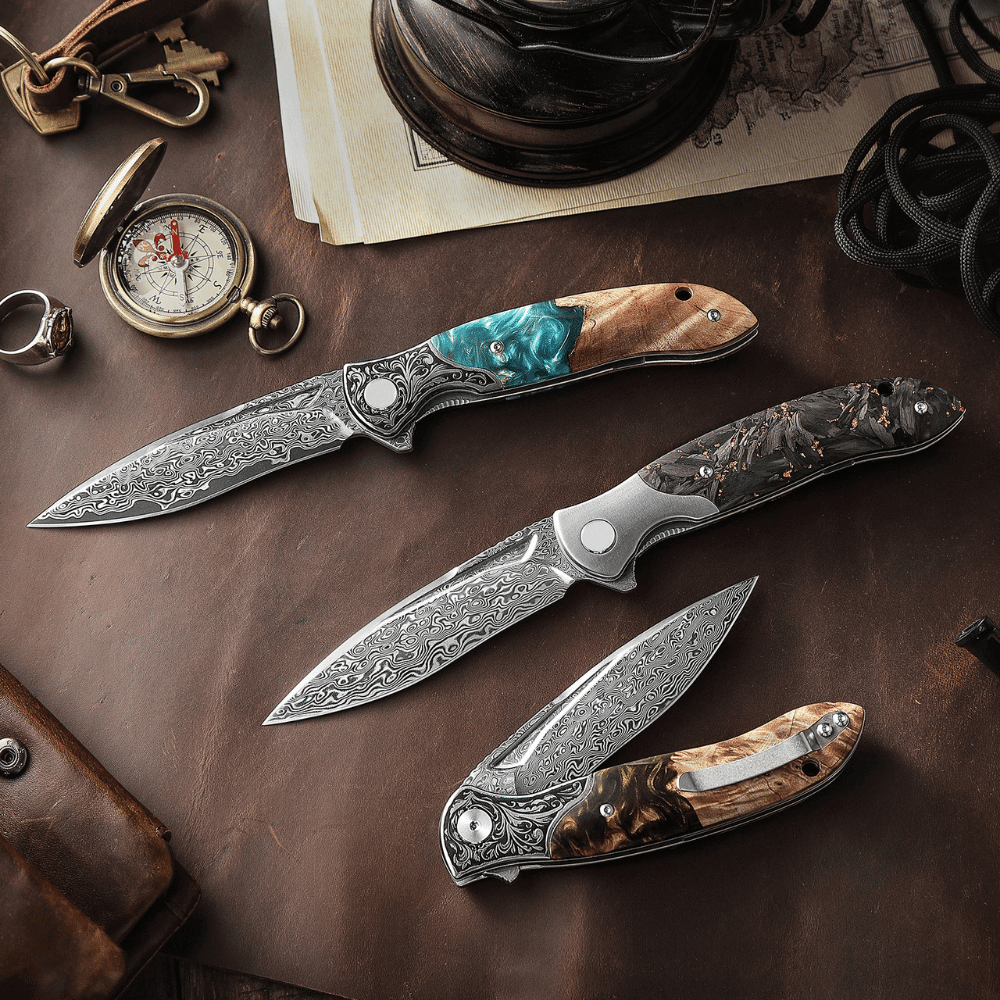 Premium Demeter VG10 Damascus Steel Pocket Knife - Exotic Olive Burl & Resin Handle - Compact EDC Folding Knife for Camping, Hiking & Outdoor Adventures