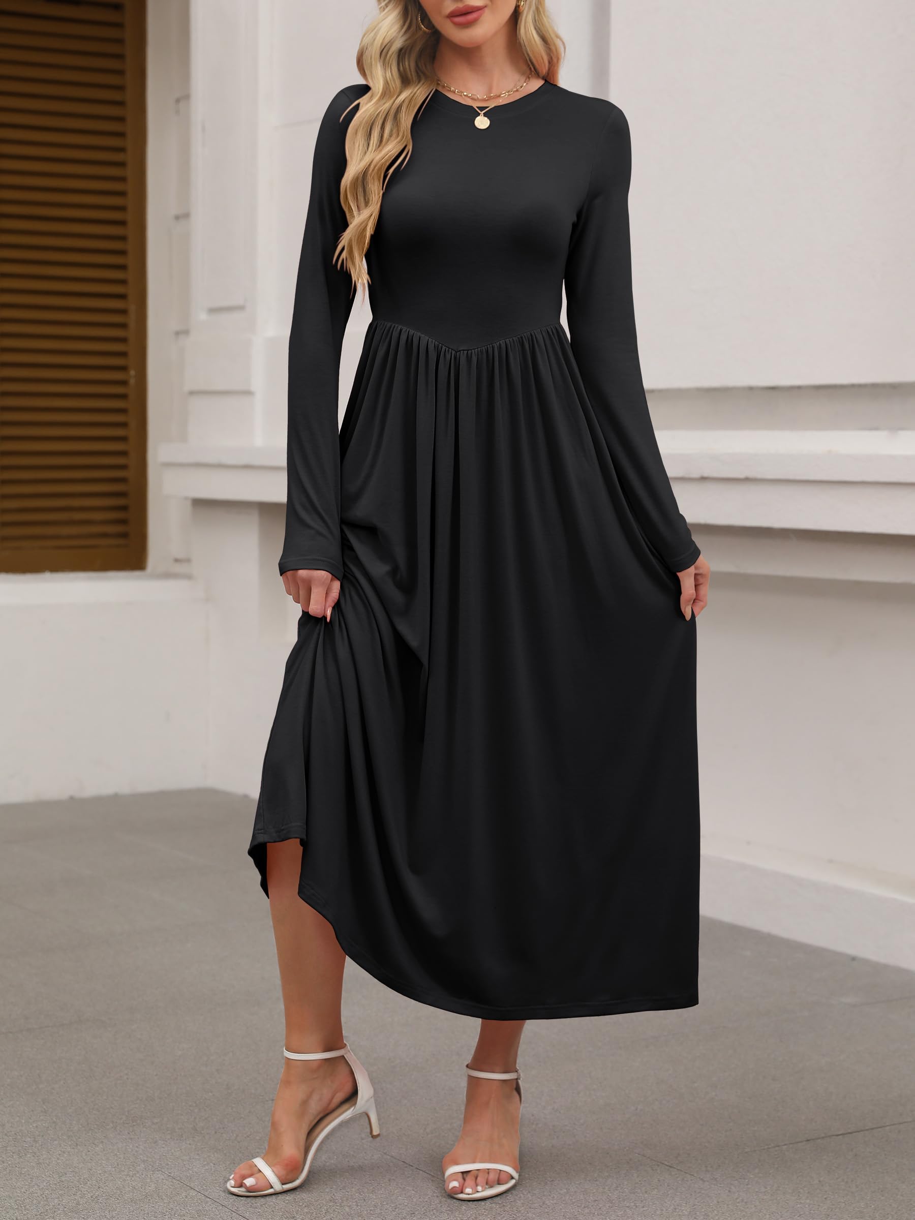 ANRABESS Women's Long Sleeve Maxi Dress - Crew Neck Casual Slim Fit Pleated Midi Dress with Pockets | Spring 2025 Fashion | Perfect for Office, Date Night & Weekend Outings