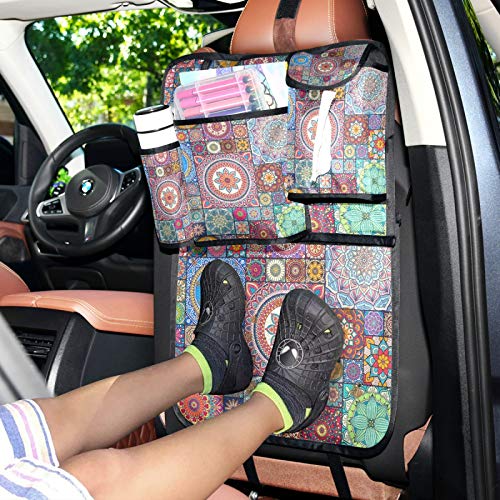 WELLDAY Car Backseat Organizer with 6 Pockets - Waterproof Travel Storage for Kids | Mandala Design Trunk Organizer | Kick Mats Protector for Toddlers | Perfect for Road Trips, Family Vacations & Daily Commutes