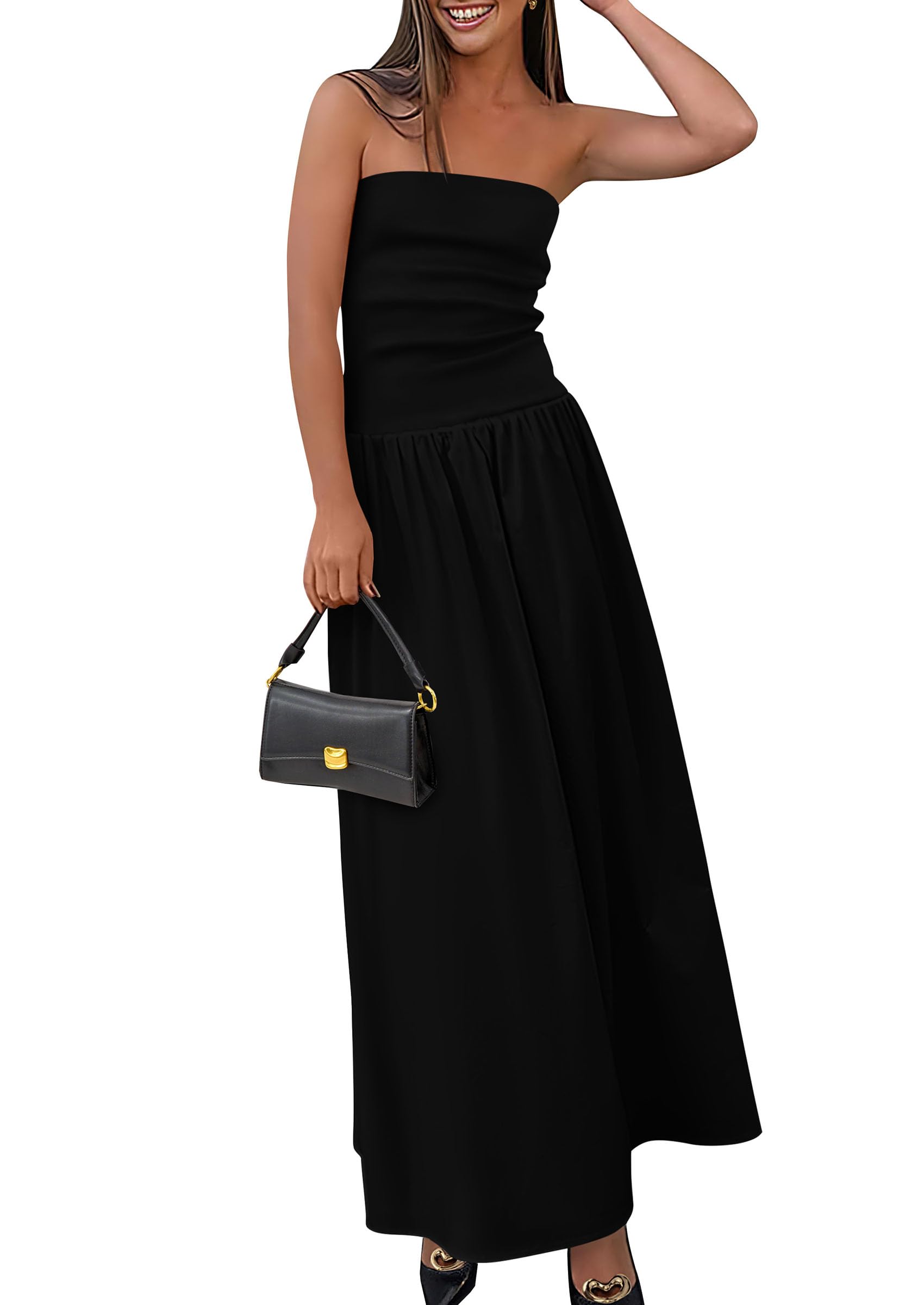 PRETTYGARDEN Women's Strapless Maxi Dress 2025 - Patchwork Long Flowy Summer Dress with Pockets | Elegant Tube Top Dress for Beach, Wedding & Party Wear
