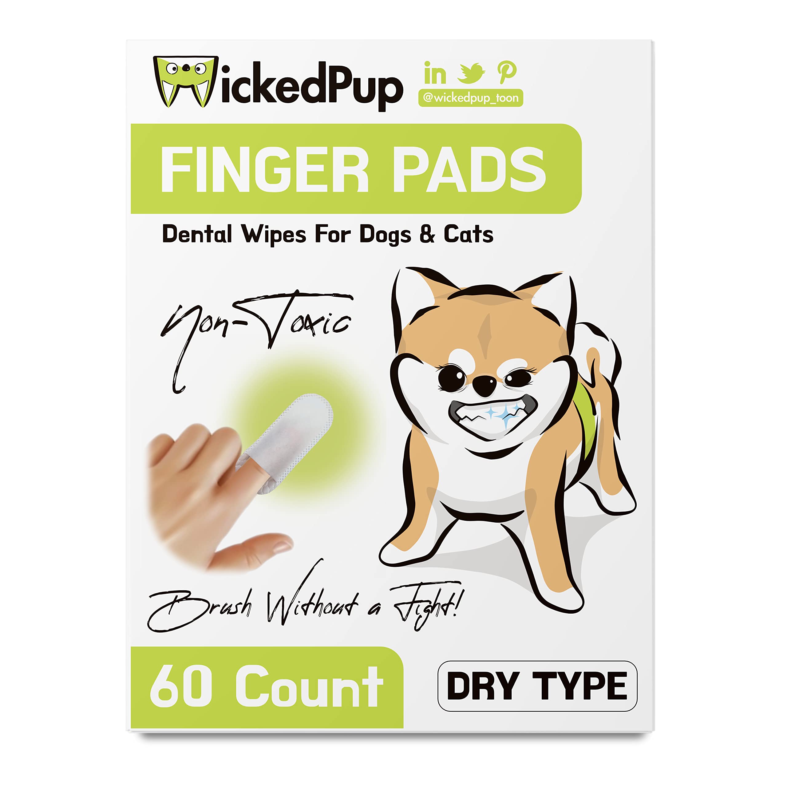 WICKEDPUP Dental Care Finger Wipes for Dogs & Cats - 60 Count Dry Disposable Teeth Cleaning Pads | Oral Tartar & Plaque Remover for Puppies & Kittens | Perfect for Home Pet Dental Hygiene & Fresh Breath Care