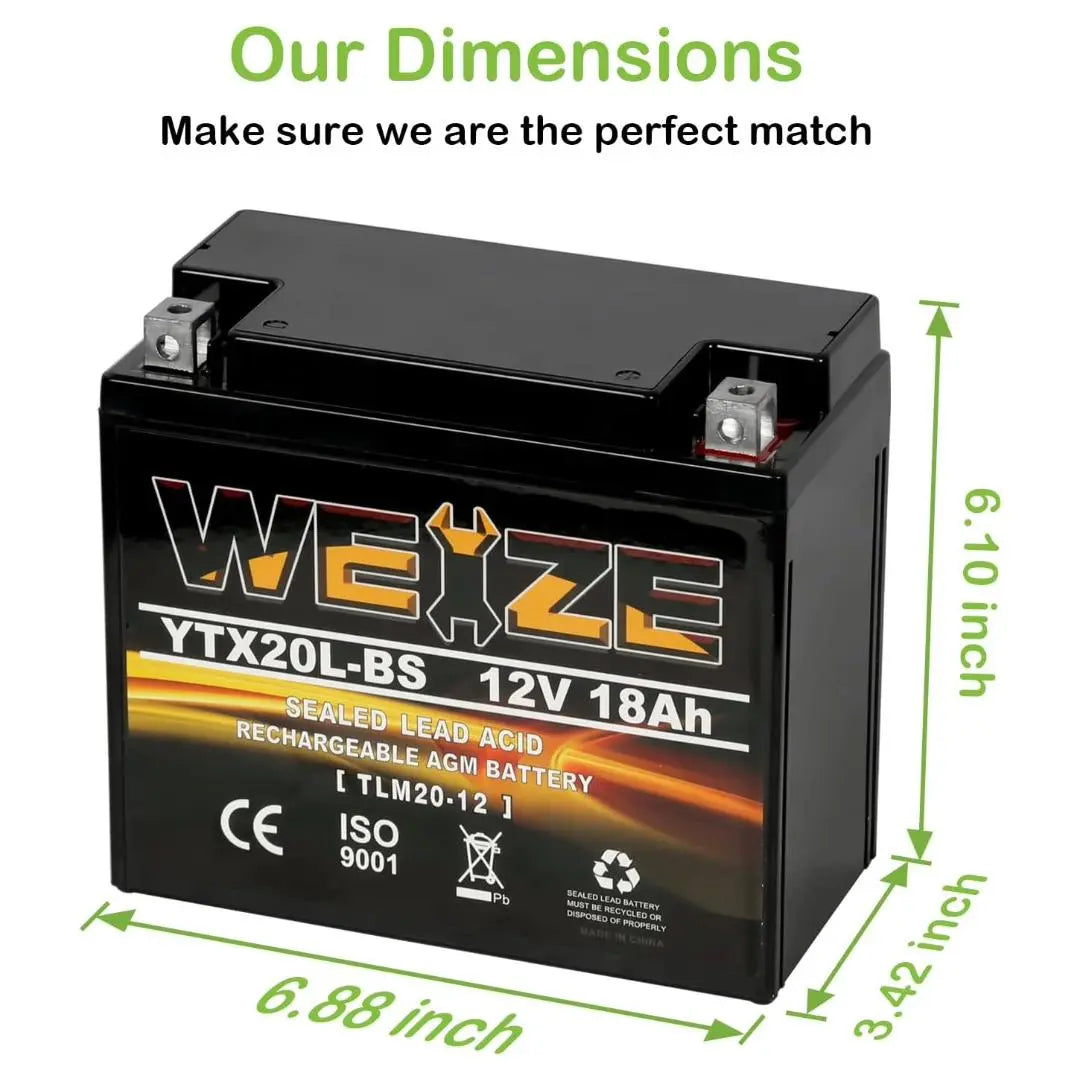 WEIZE YTX20L BS 12V 18Ah High Performance AGM Motorcycle Battery - Maintenance Free, Sealed, Powersports Battery for Motorcycle, ATV, UTV, Snowmobile - Perfect for Off-Road Adventures & Extreme Weather Conditions