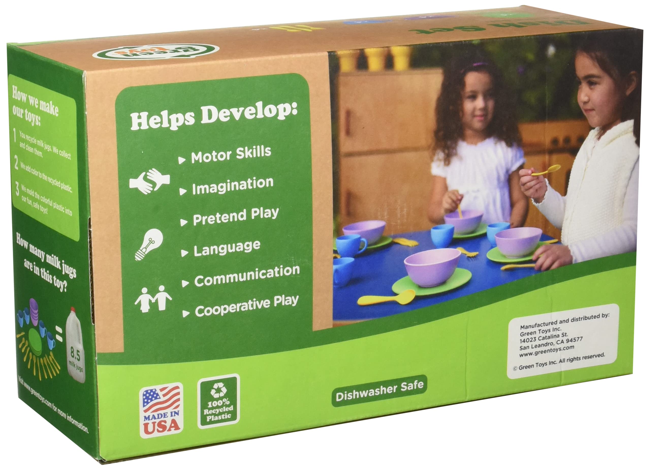 Green Toys Dish Set - 4 Piece Eco-Friendly Kids Play Kitchen Set | BPA-Free Plastic Dishware for Pretend Play, Tea Parties & Learning Fun