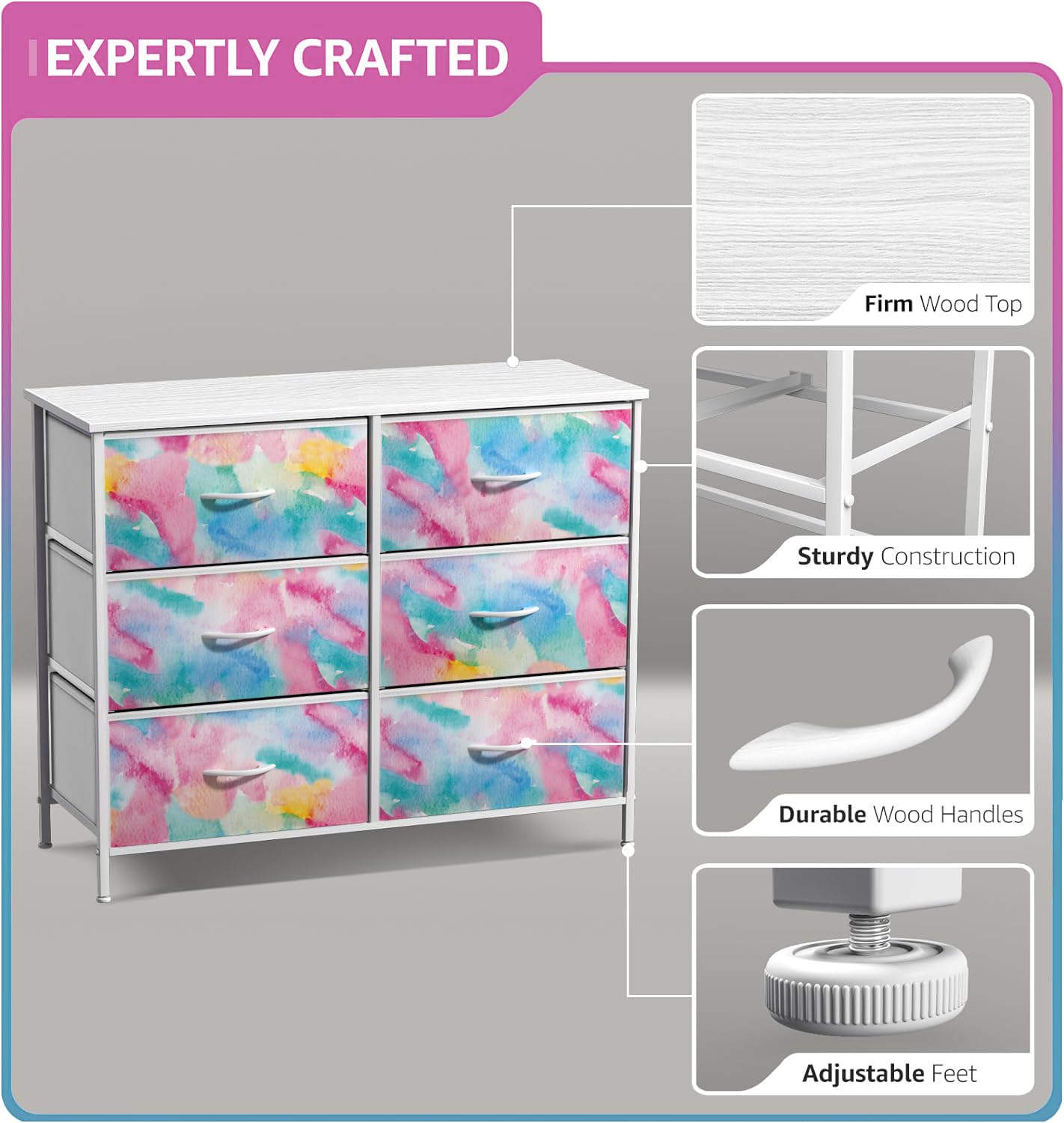 Sorbus 6-Drawer Kids Dresser Organizer with Steel Frame & Wood Top - Tie-Dye Fabric Storage Bins for Clothes, Toys & Nursery Essentials - Perfect for Bedroom, Nursery, Closet & Small Spaces - Sturdy & Stylish Kids Furniture for Organization & Decor
