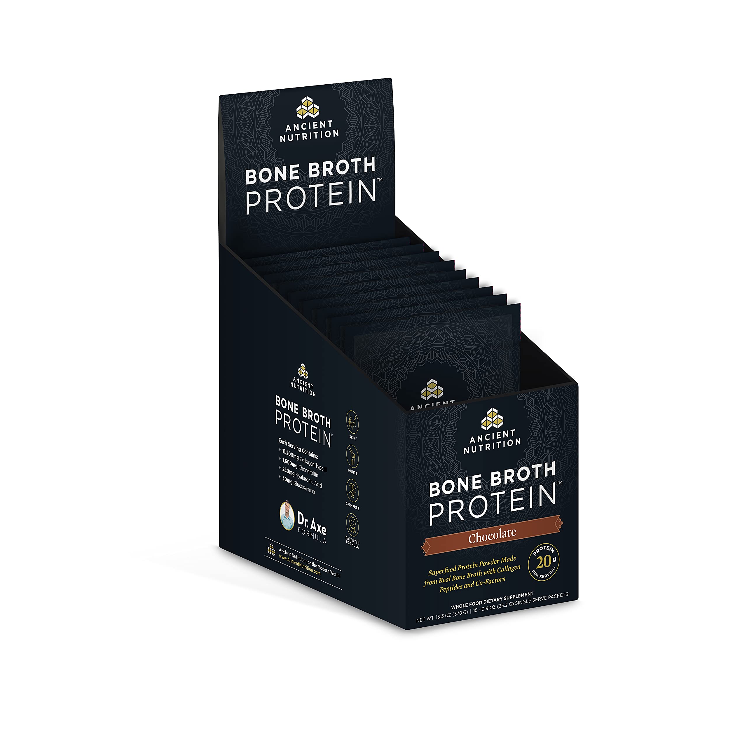 Ancient Nutrition Chocolate Bone Broth Protein Powder - 20g Protein Per Serving, 15 Single-Serve Packets, Hydrolyzed Collagen Peptides Supplement, Gluten Free, Keto & Paleo Friendly - Perfect for Post-Workout Recovery, Smoothies & Protein Shakes