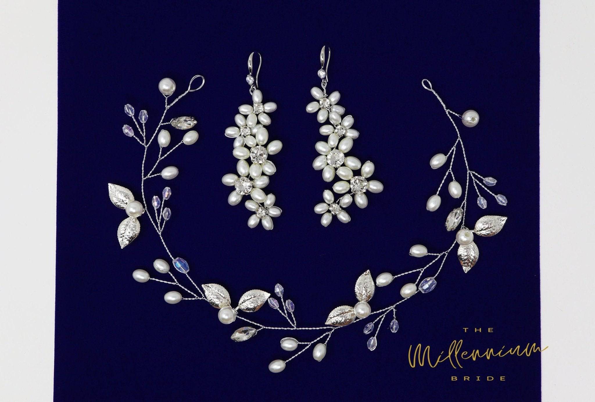 Dainty Vine Leaves Crystal Pearl Floral Headband & Earrings Set | Bridal Hair Vine Headpiece | Delicate Wedding Hair Accessories | Perfect for Bridal Shower, Boho Wedding & Special Occasions