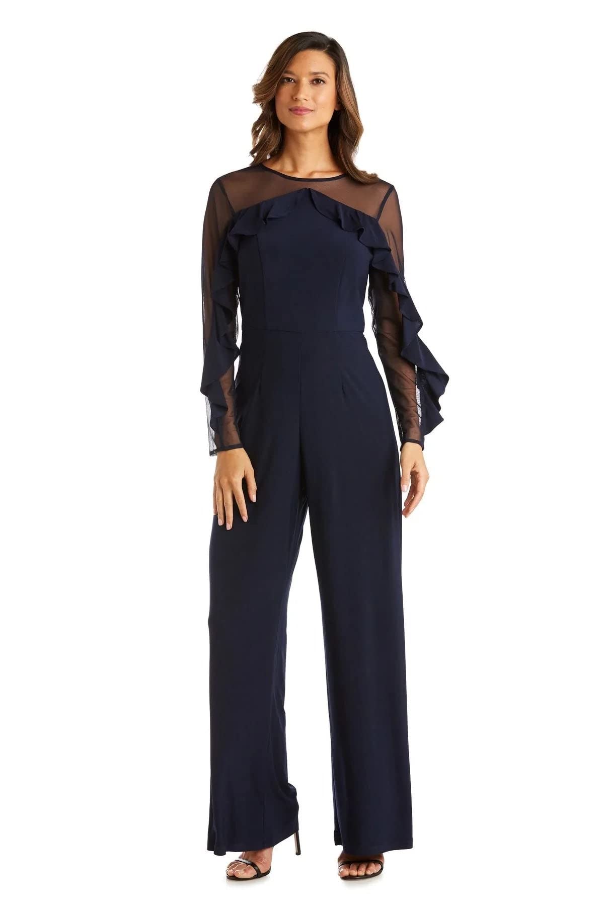 R&M Richards Women's Elegant Ruffled Illusion Sleeve Formal Jumpsuit - Perfect for Evening Gala, Wedding Guest & Special Occasions