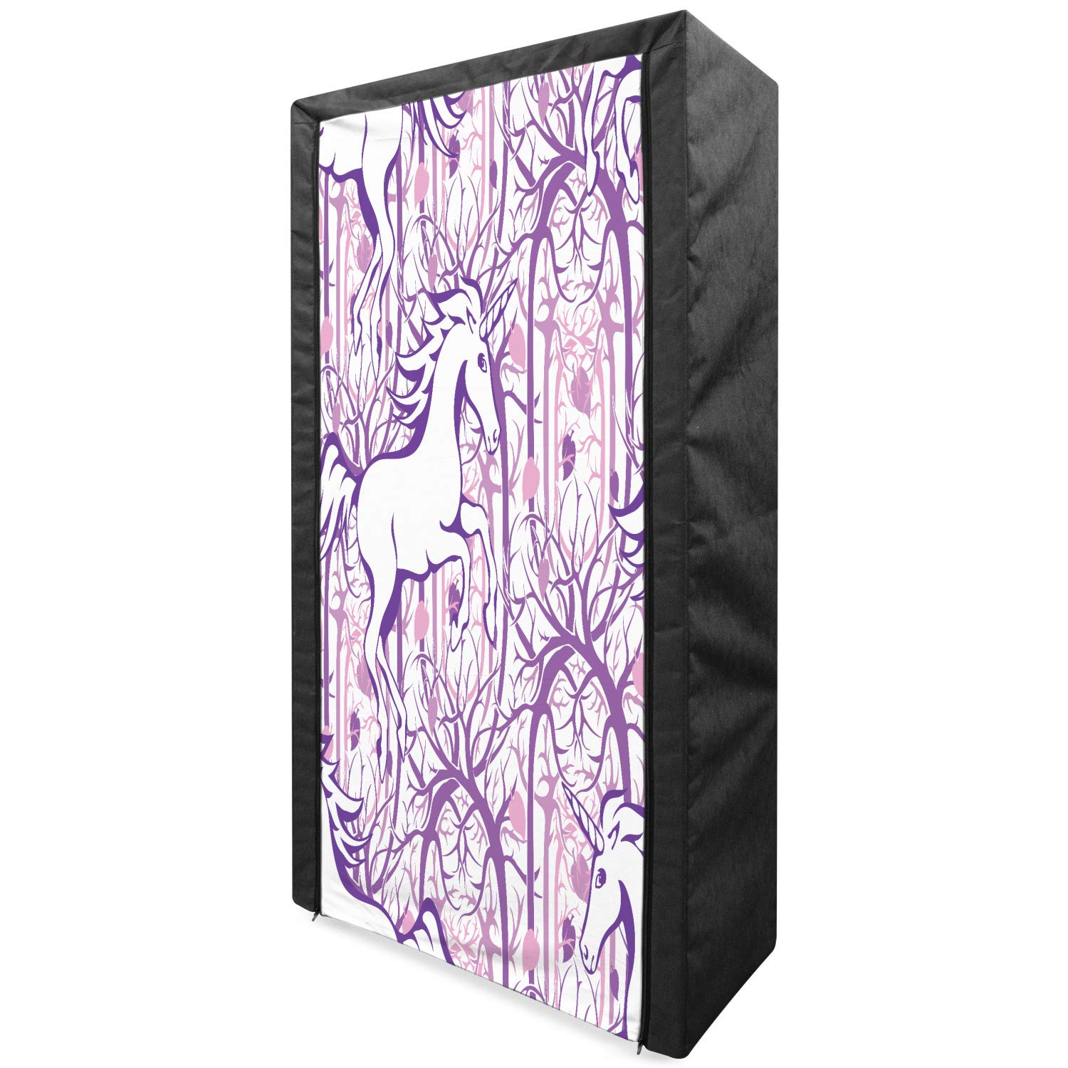 Ambesonne Unicorn Portable Fabric Wardrobe - Abstract Forest Art Print with Galloping Unicorn, 33.5 Inch Clothing Organizer & Storage Closet with Shelves | Perfect for Kids Room, Dorm, or Small Space Organization (Purple)