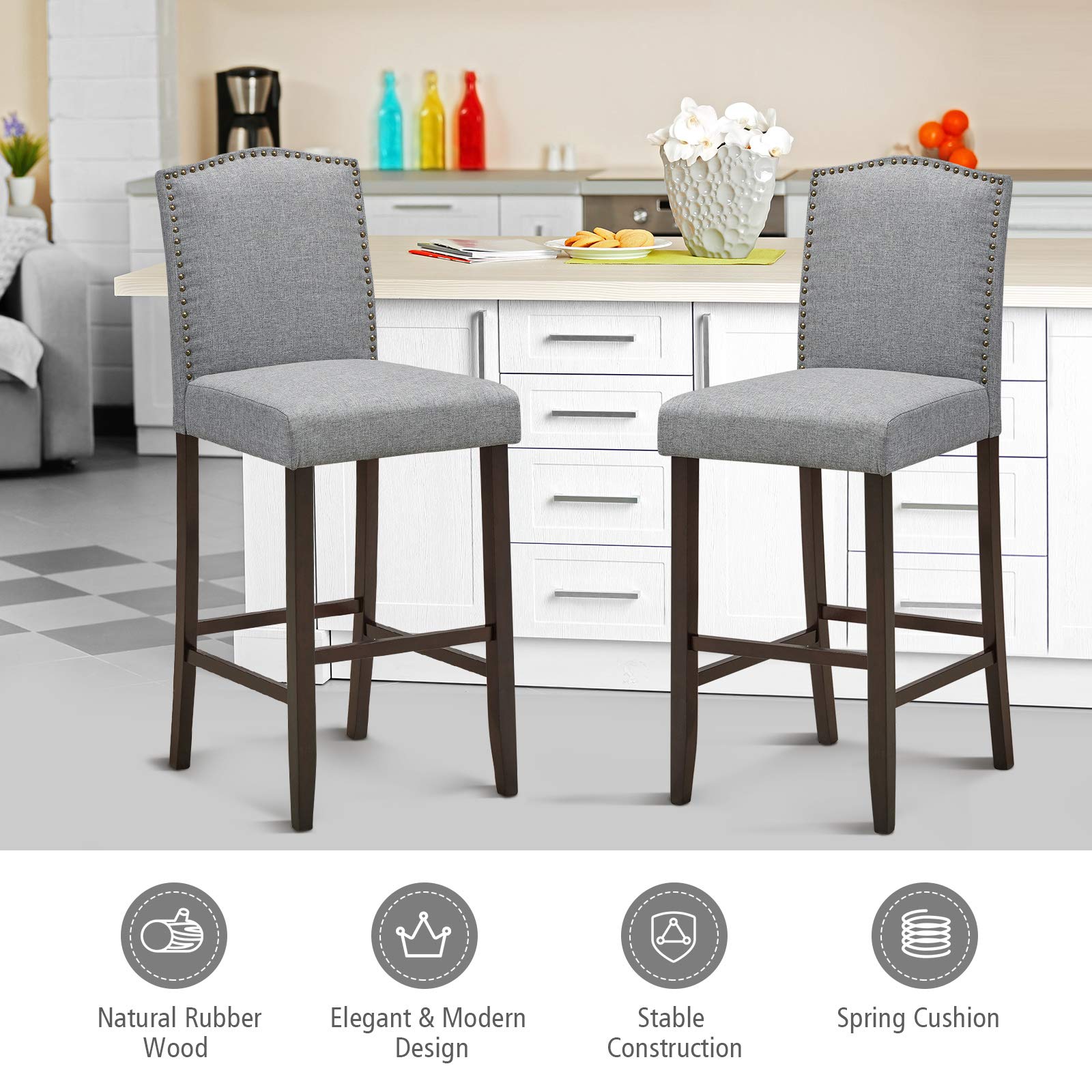 COSTWAY 2-Pack 29 Inch Upholstered Bar Stools with S-Shaped Spring Thick Cushion, Rubber Wood Legs, High Back Counter Stools for Kitchen Island, Breakfast Bar, Dining Room & Living Room (Set of 2, Grey) - Perfect for Entertaining, Casual Dining & Home Decor