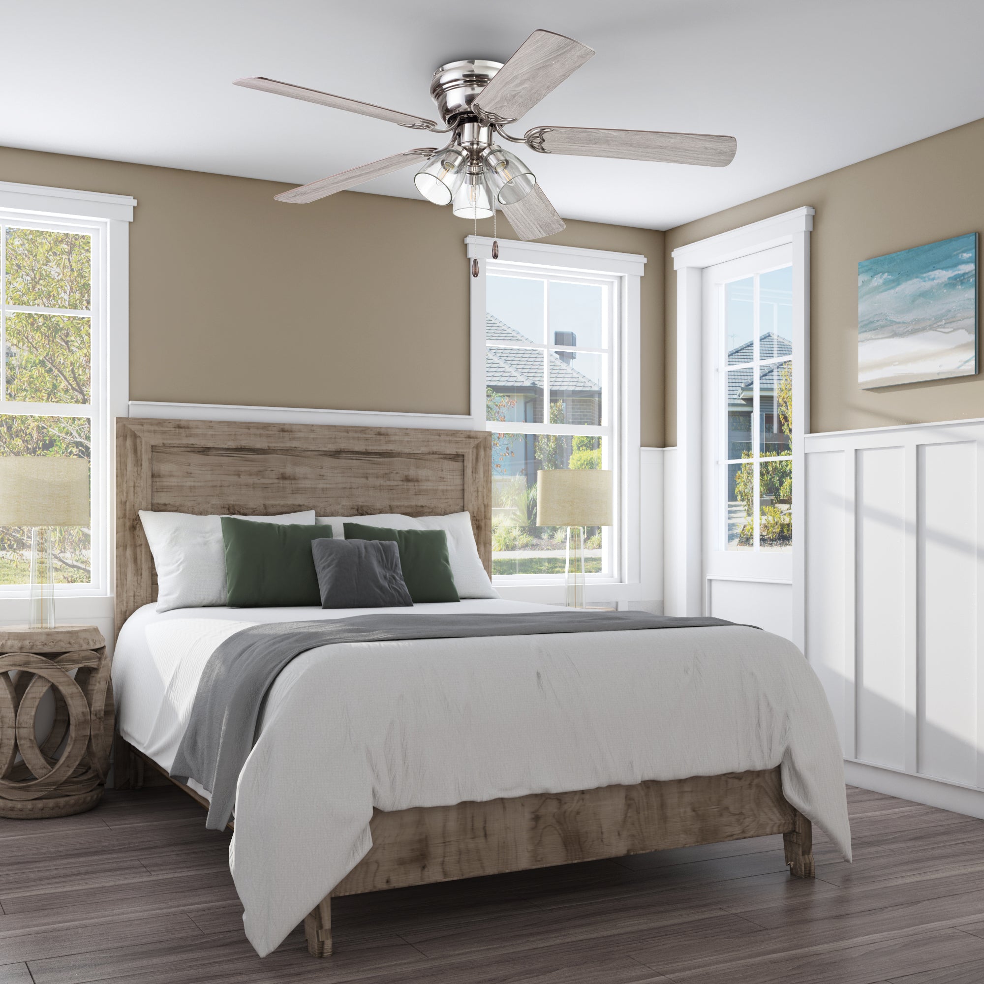 52 Inch Renton Brushed Nickel Ceiling Fan with Pull Chain - Modern Indoor Ceiling Fan for Living Room, Bedroom, and Office - Energy Efficient with Quiet Operation