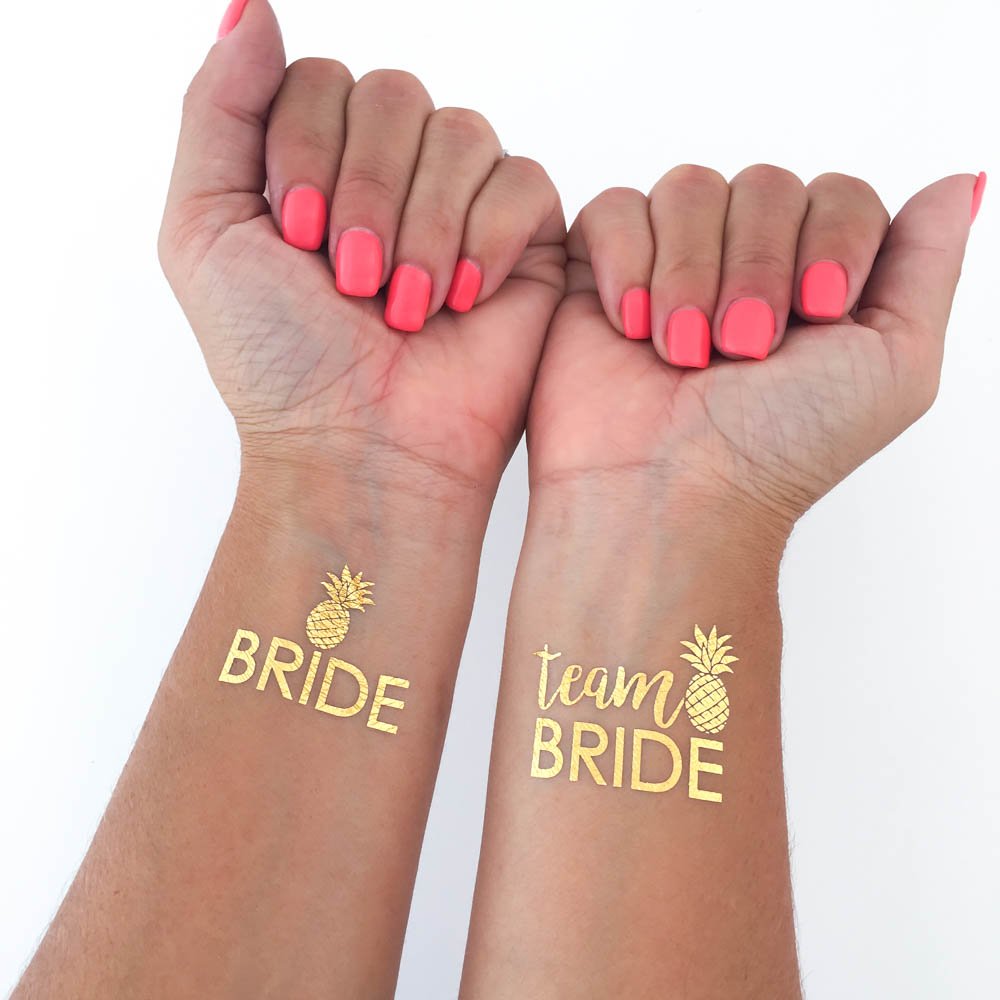 Gold Pineapple Temporary Tattoos - Metallic Gold Bachelorette Party Favors - Team Bride Tattoo Stickers for Summer Parties, Bridal Showers & Girls' Night Out