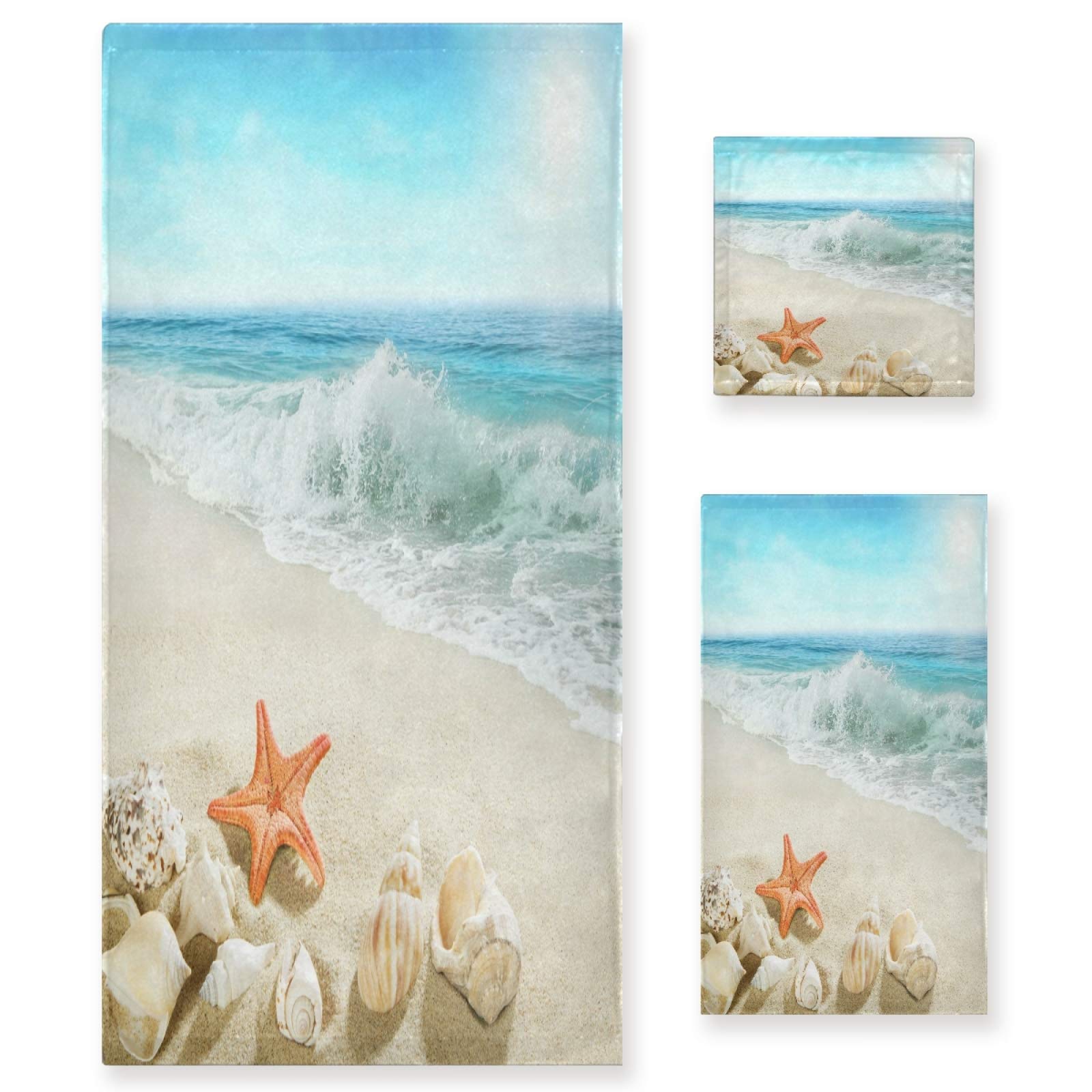 ALAZA 3-Piece Bath Towel Set - Soft Summer Beach Seashell Design - Includes 1 Bath Towel, 1 Hand Towel & 1 Washcloth - Perfect for Home, Kitchen, Hotel, Gym, Swim & Spa - Quick-Drying & Absorbent for Beach Trips, Poolside Lounging & Bathroom Use