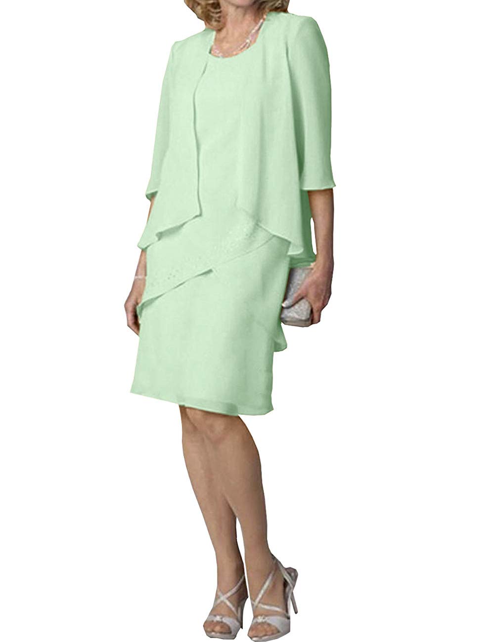 Elegant Mother of The Bride Dress - Short Formal Evening Gown with 3/4 Sleeve Chiffon Jacket & Tiered Skirt | Perfect for Weddings, Cocktail Parties & Special Occasions