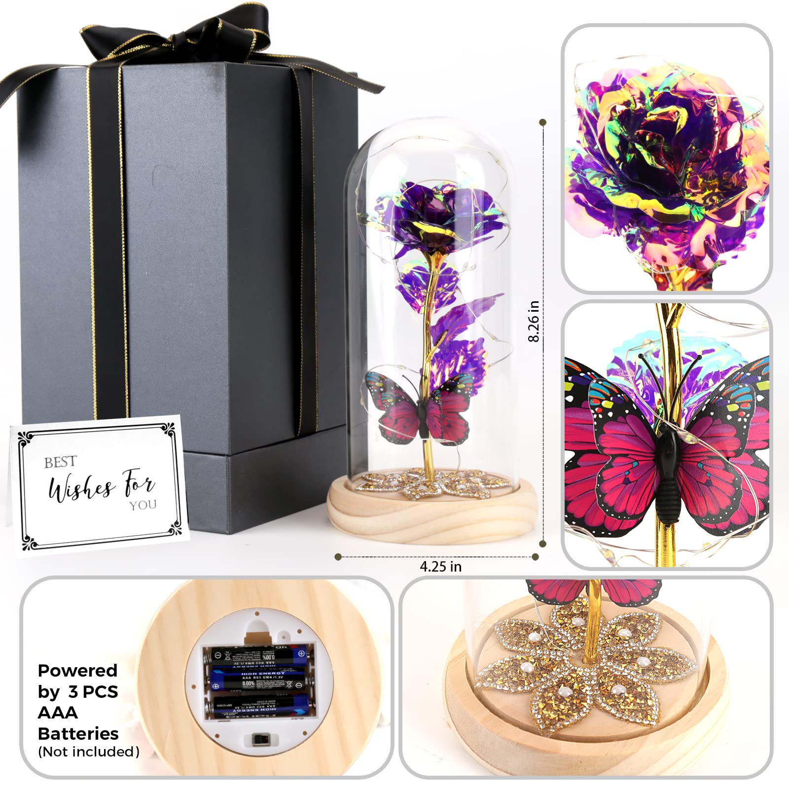 Eternal Rose in Glass Dome - Purple Galaxy Rose Gift for Women, Mom, Valentine's Day, Birthday, Christmas & Anniversary | Beauty and The Beast Inspired LED Light Up Rose | Perfect for Home Decor, Wedding Centerpiece & Romantic Gift