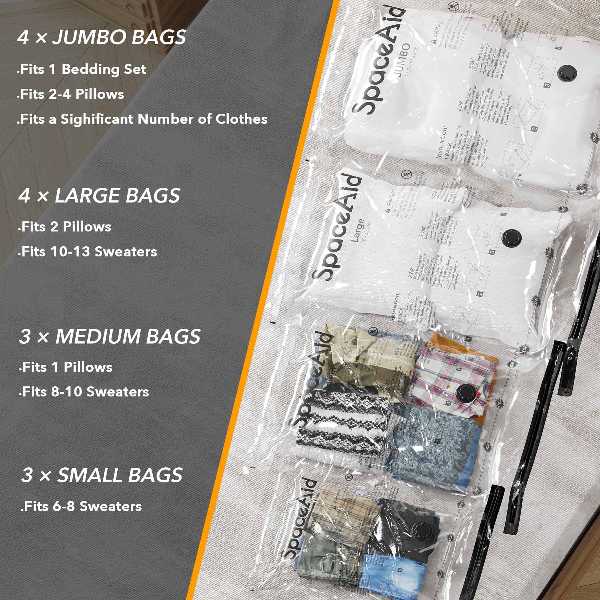 SpaceAid 14 Pack Vacuum Storage Bags with Electric Air Pump - Space Saving Compression Bags for Clothes, Blankets, Comforters & Bedding (4 Jumbo/4 Large/3 Medium/3 Small) - Perfect for Travel, Moving & Seasonal Storage