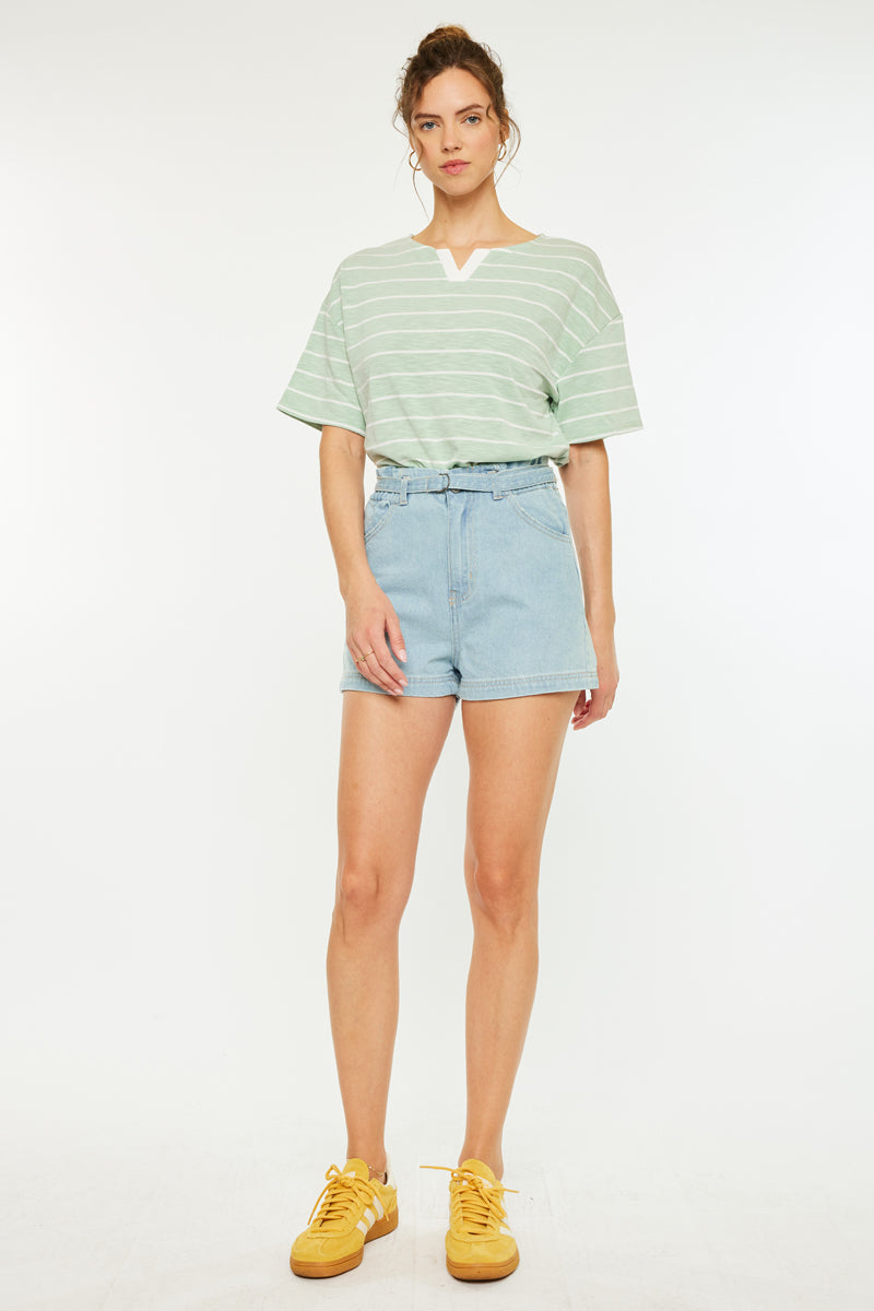 Eliana Ultra High Rise Belted Paperbag Shorts for Women - Trendy Stretch Denim Shorts with Adjustable Waistband - Perfect for Summer, Casual Outfits, and Beach Vacations