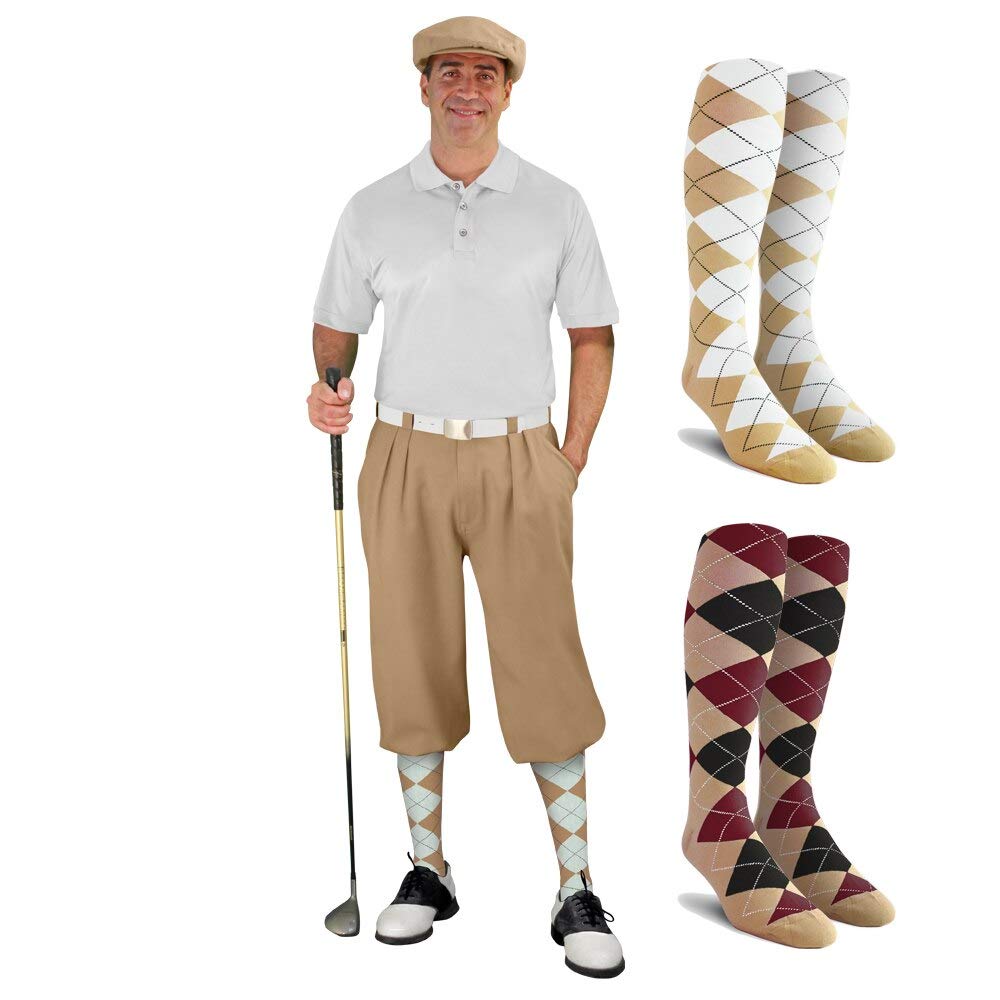 Men's Stylish Khaki Golf Outfit Set - Matching Knickers, Cap & 2 Over-The-Calf Socks | Comfortable Golf Attire for Course & Casual Wear