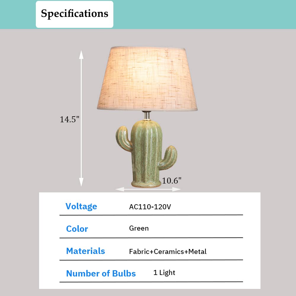 Modern Cactus Desk Lamp with Fabric Lampshade & Ceramic Base - Cute Night Light for Bedroom, Office, or Nursery - Perfect for Reading, Working, and Creating Cozy Ambience