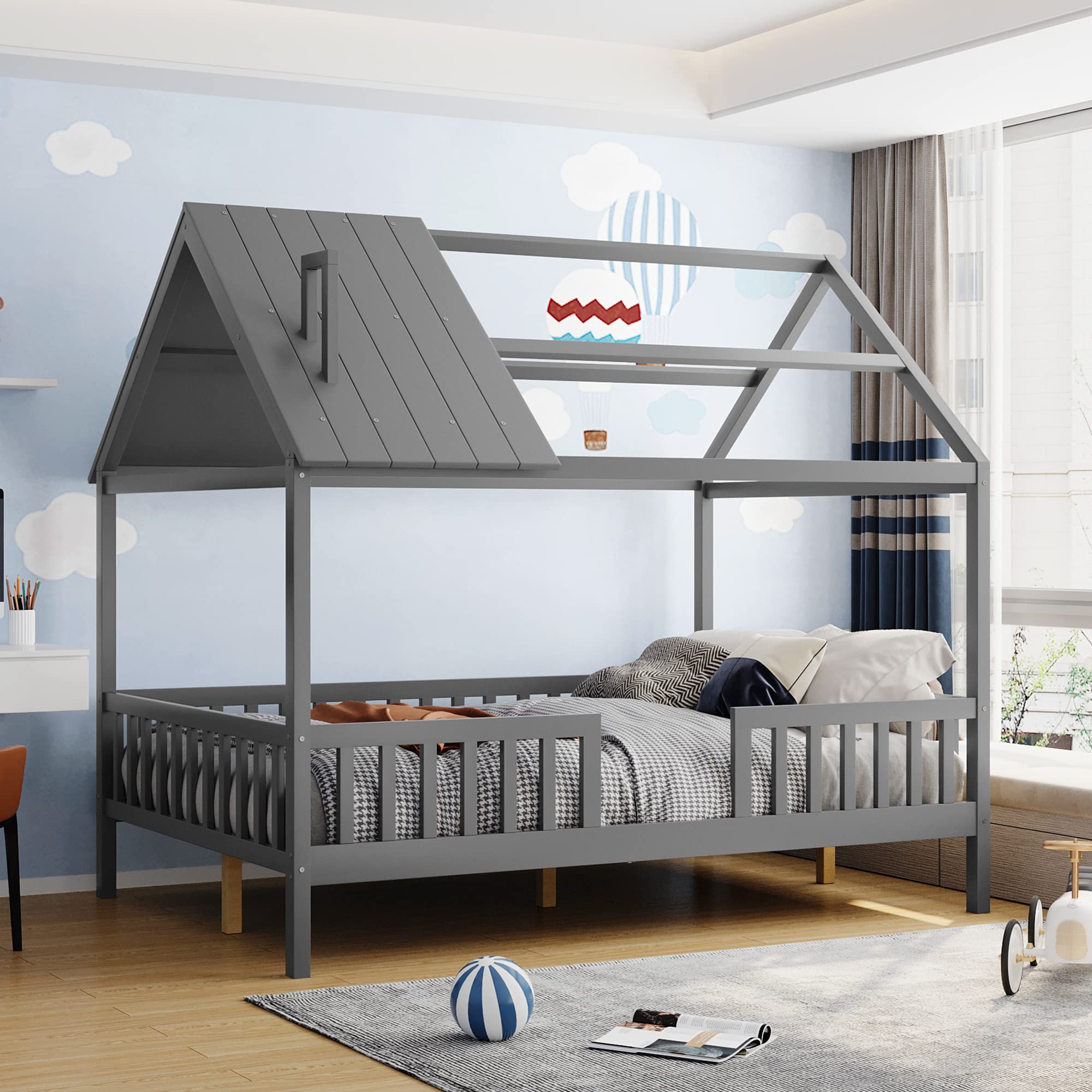 Merax Full House Bed for Kids - Wooden House-Shaped Bed Frame with Roof Windows & Safety Rails - Grey - Perfect for Kids' Bedroom, Playroom & Sleepovers