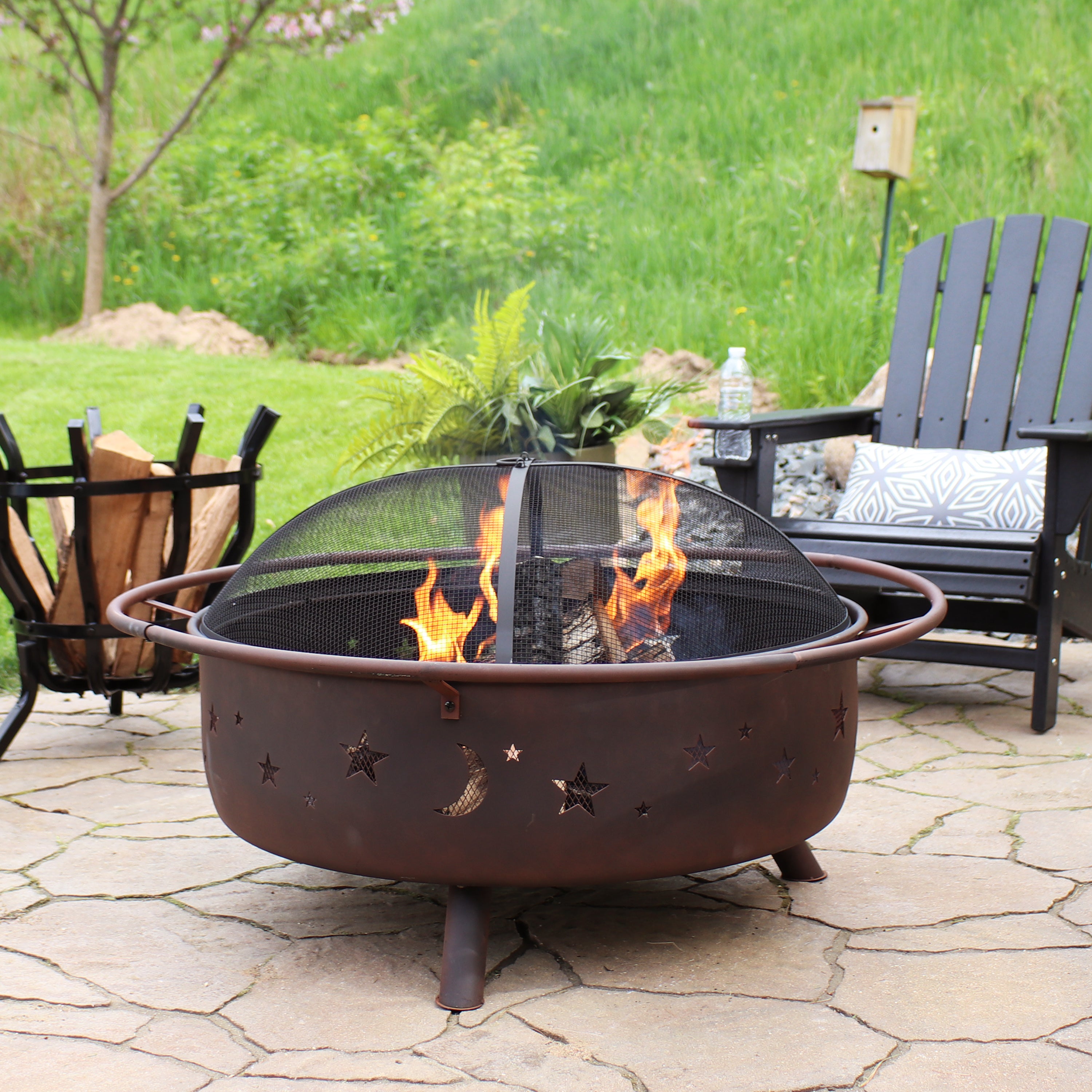 Sunnydaze 42 Inch Large Cosmic Fire Pit with Moon and Stars Design - Outdoor Backyard Fire Pit for Camping, Patio, and Garden Gatherings