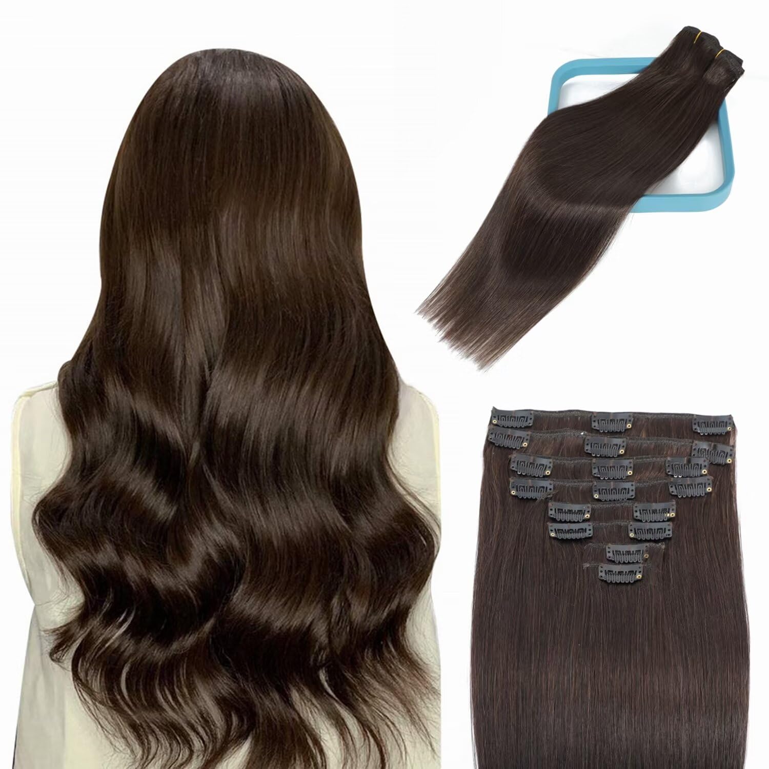 LORIEN 18 Inch Clip in Hair Extensions - 100% Brazilian Remy Human Hair, 100g Darkest Brown (8pcs Set with 18 Clips) | Double Weft for Volume & Length | Perfect for Weddings, Parties & Daily Styling