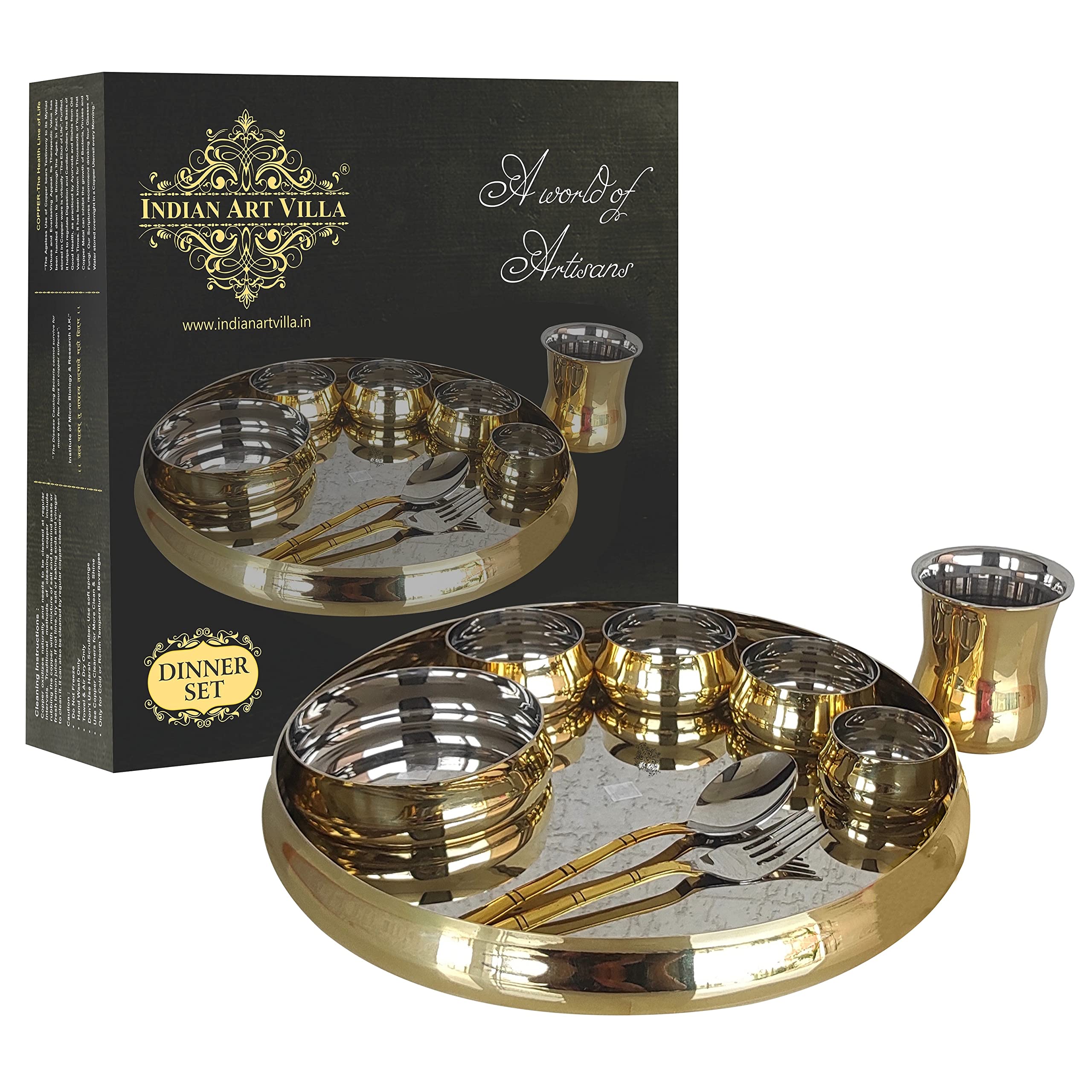 Indian Art Villa Stainless Steel & Brass 9-Piece Dinner Set - Includes 1 Plate, 1 Pudding Plate, 1 Small Bowl, 3 Medium Bowls, 1 Spoon, 1 Fork & 1 Tumbler - Elegant Tableware for Indian Cuisine, Dinner Parties & Home Decor