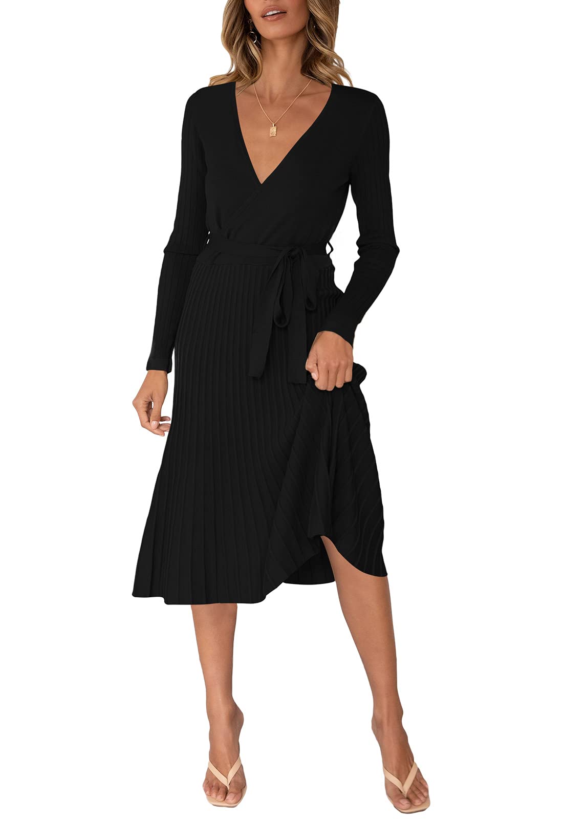 Pink Ribbed Knit Wrap Sweater Dress for Women - V Neck Long Sleeve Midi Dress with Belt | Casual Office Wear, Fall Winter Outfits, Date Night Dresses