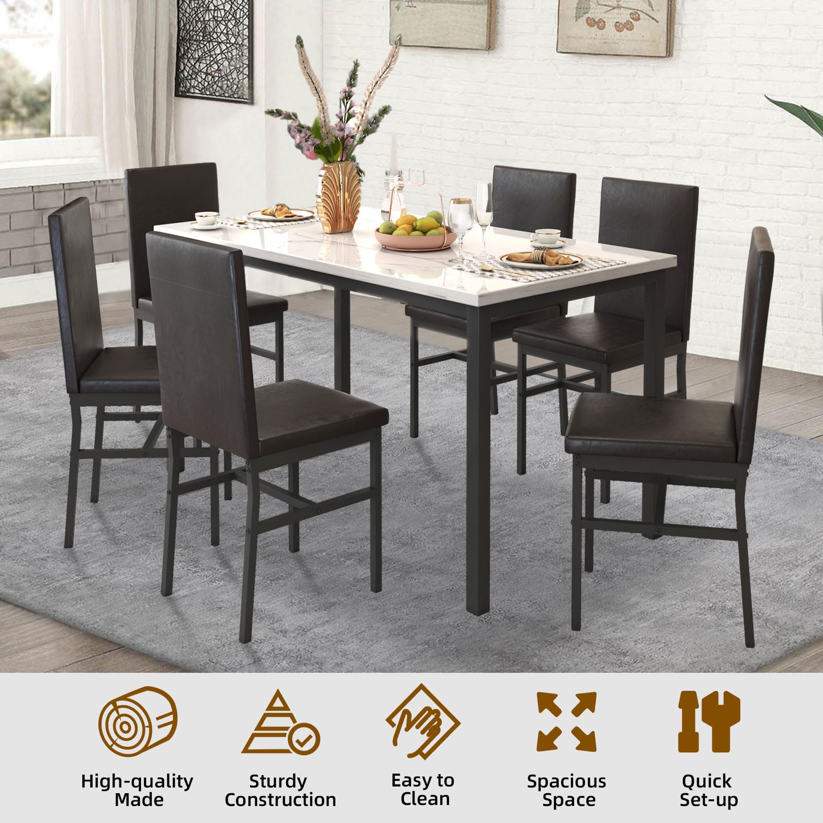 6-Piece Dining Table Set with Faux Marble Top & PU Leather Chairs - Modern Kitchen Table & Chair Set for Small Spaces, Apartments & Dining Rooms (White 1 Table + 6 Chairs) - Perfect for Family Meals, Dinner Parties & Compact Living Spaces