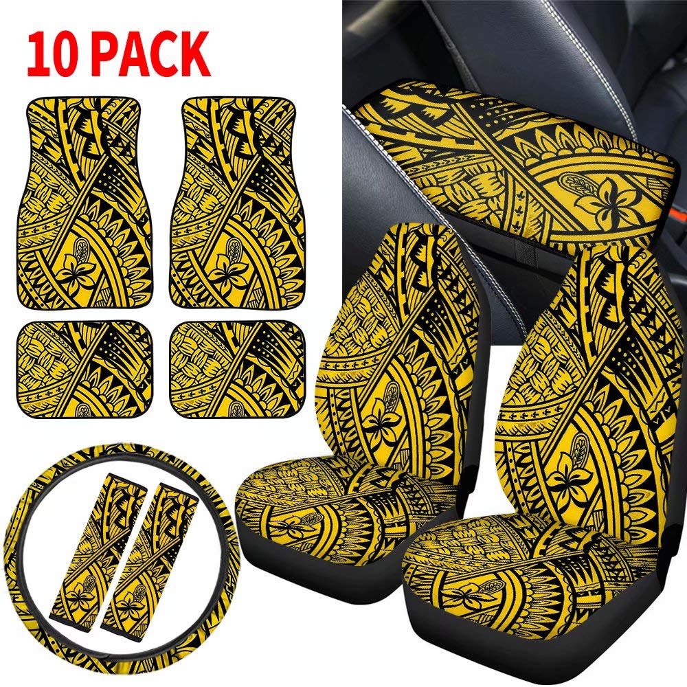 Yellow Polynesian Car Seat Covers 10PC Set - Universal Fit for Most Cars with Floor Mats, Steering Wheel Cover, Seat Belt Pad & Armrest Cover | Front Seat Protection & Auto Interior Upgrade for Women | Perfect for Road Trips, Commuting & Daily Driving