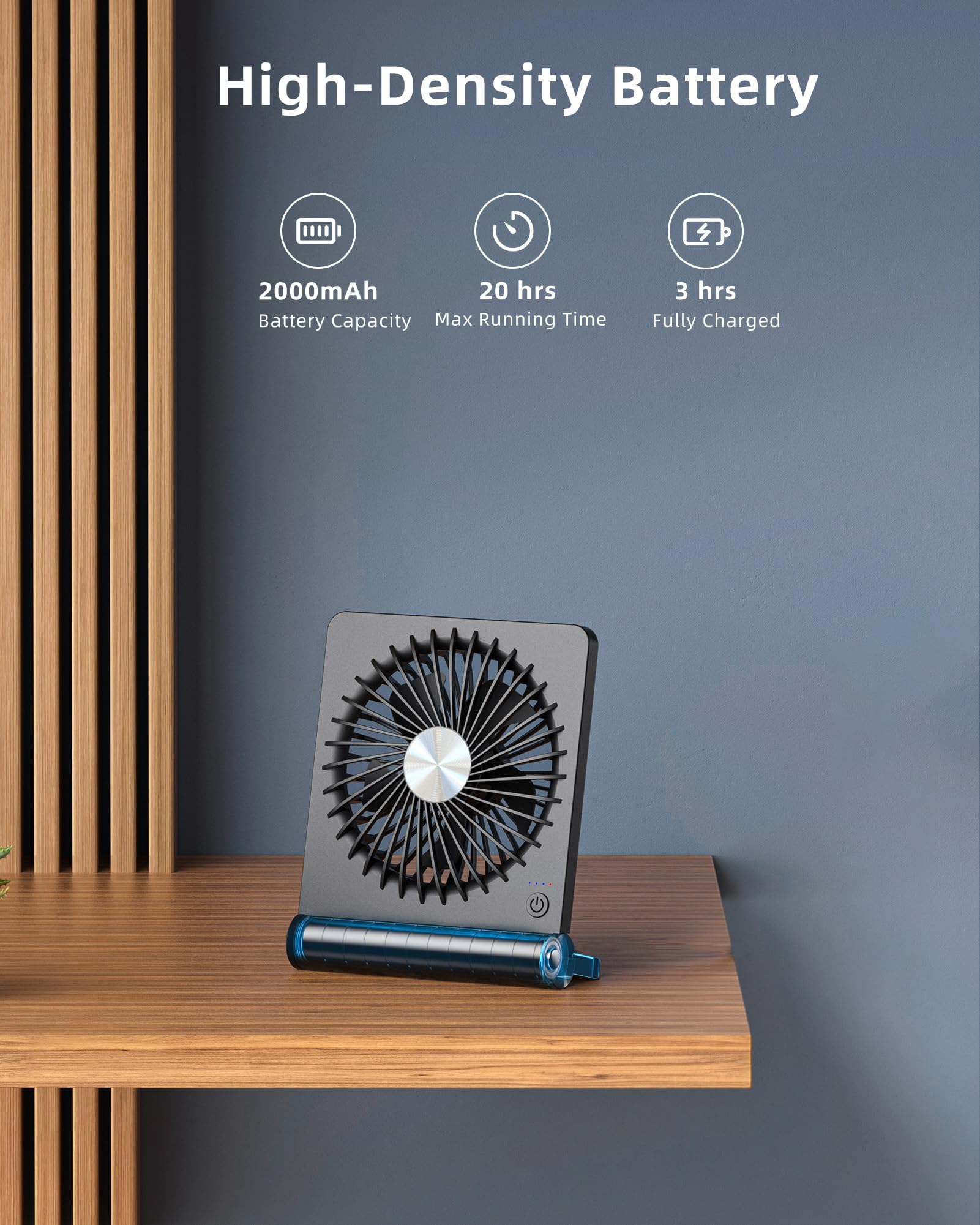 Koonie Portable Desk Fan - USB Rechargeable, 3 Speed Settings, Ultra Quiet 220° Tilt Folding, 3.5-20 Hours Battery Life - Perfect for Home Office, Desktop, Dorm Room & Outdoor Use - Black