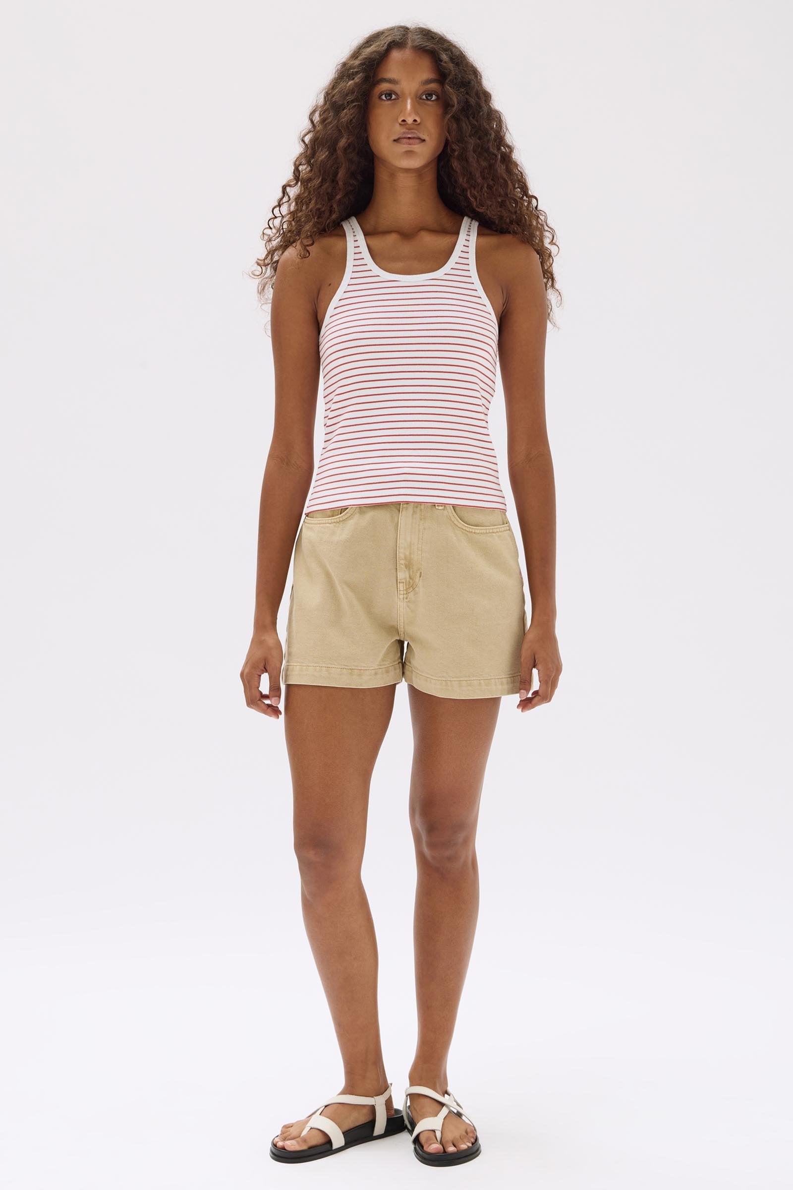 Drew Stripe Rib Tank Top for Women - Soft Cotton Casual Sleeveless Shirt in Papaya White | Perfect for Summer Outfits, Beach Wear, and Layering