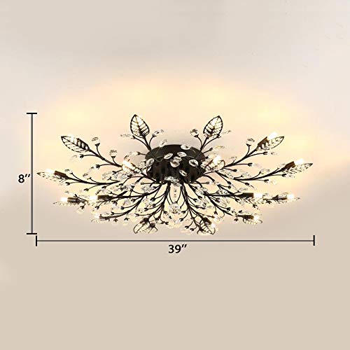 18-Light Black Contemporary Leaf Semi Flush Mount Ceiling Light with Clear Crystal Accents - Perfect for Dining Room, Bedroom, or Living Room Lighting