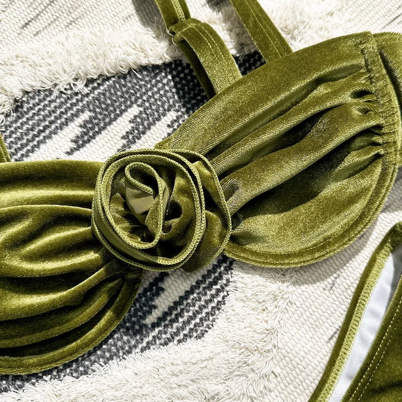 2024 Sexy 3D Floral Bandeau Bikini Set - Brazilian Thong Swimwear for Women (S-XL) | Perfect for Beach Vacations, Pool Parties & Summer Getaways