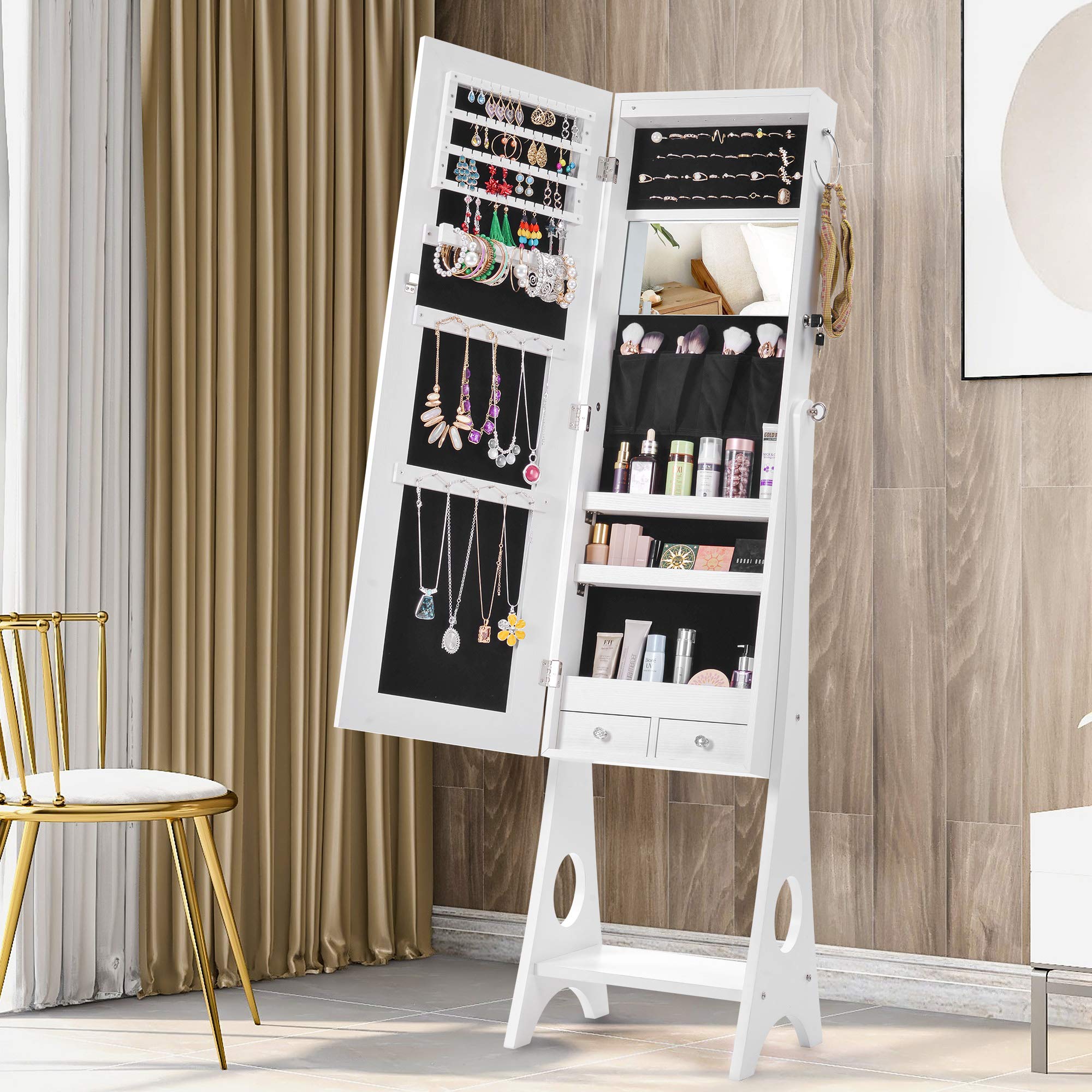 Stylish LED Jewelry Storage Mirror Cabinet - White MDF Organizer for Necklaces, Rings & Accessories | Perfect for Bedroom Vanity or Living Room Decor