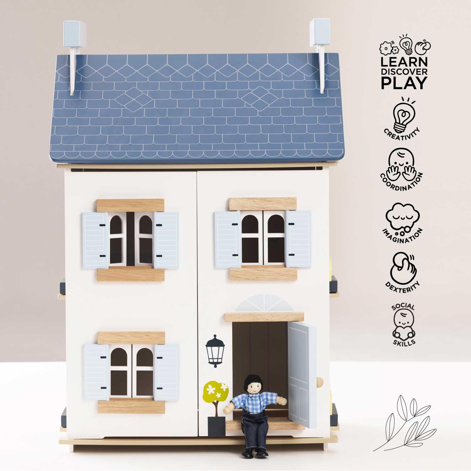 Le Toy Van Wooden Sky Doll House - 2 Story Dream House with Attic for Kids Ages 3+ | Dollhouse Accessories Included | Perfect for Imaginative Play & Room Decor