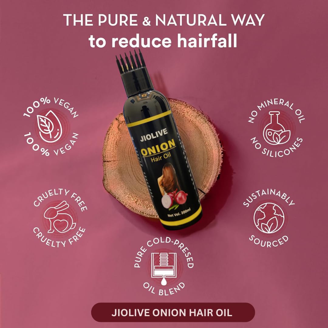 JIOLIVE Onion Hair Oil for Hair Growth & Hair Fall Control - Nourishing & Strengthening Treatment for Men & Women | Reduces Hair Fall & Dandruff - 200ml with Applicator | Perfect for Daily Scalp Massage & Damaged Hair Repair
