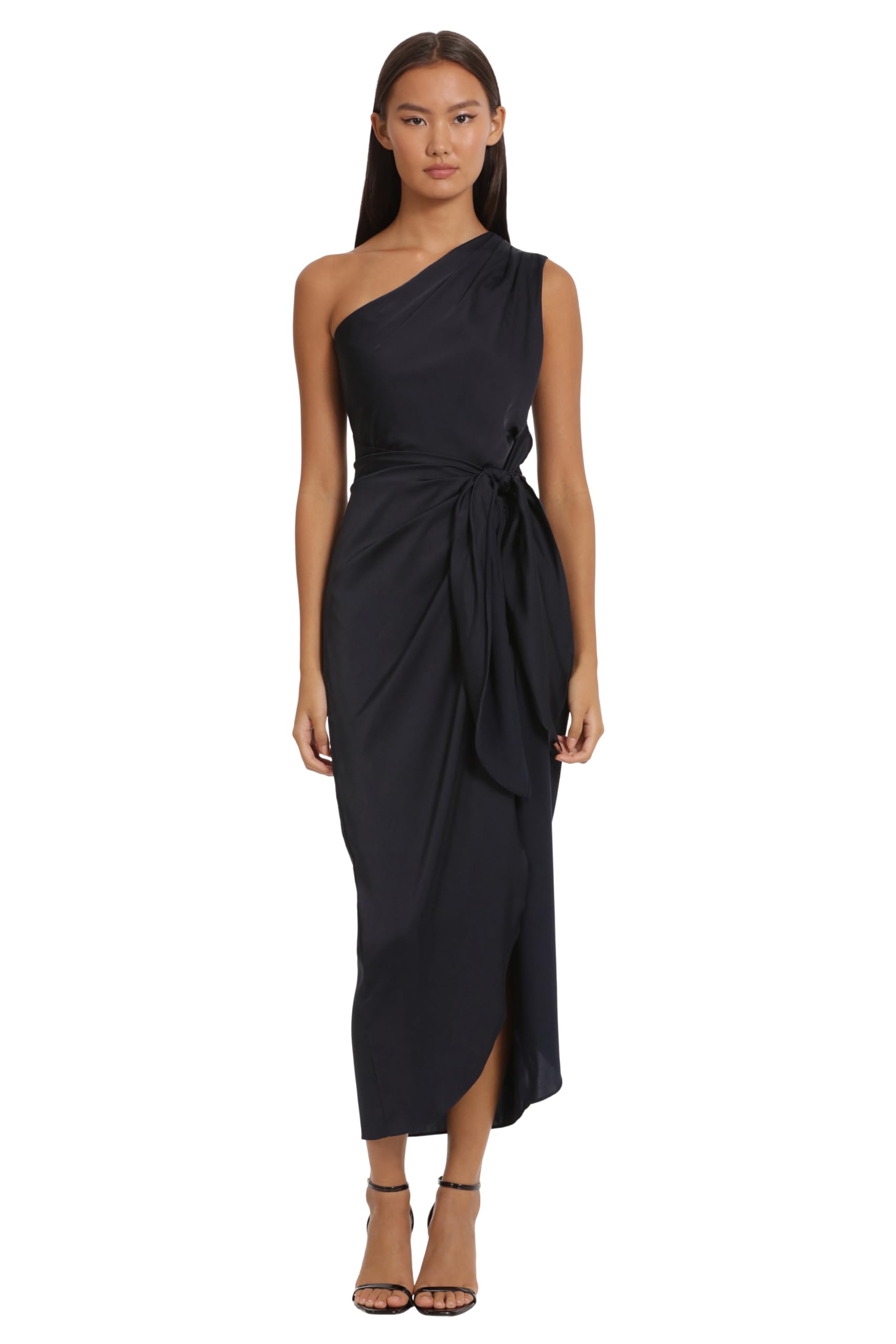 Donna Morgan Women's One Shoulder Faux Wrap Charmeuse Maxi Dress with Tie Waist - Elegant Evening Gown for Wedding Guest, Cocktail Party & Special Occasions
