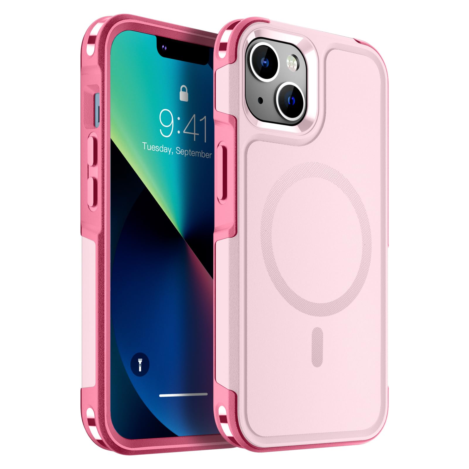 SUPFINE Magnetic iPhone 13 Case with MagSafe Compatibility - 10FT Military Grade Drop Protection & Dual Layer Shockproof Design - Non-Slip Heavy Duty Full Body Phone Cover (Pink) - Perfect for Outdoor Adventures, Work & Everyday Protection