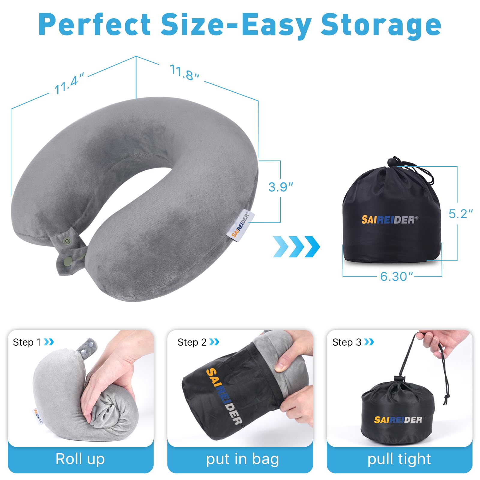 Saireider 100% Memory Foam Travel Neck Pillow - Adjustable Airplane Pillow for Neck Support, Prevents Head from Falling Forward - Perfect for Long Flights, Road Trips & Office Naps (Grey)