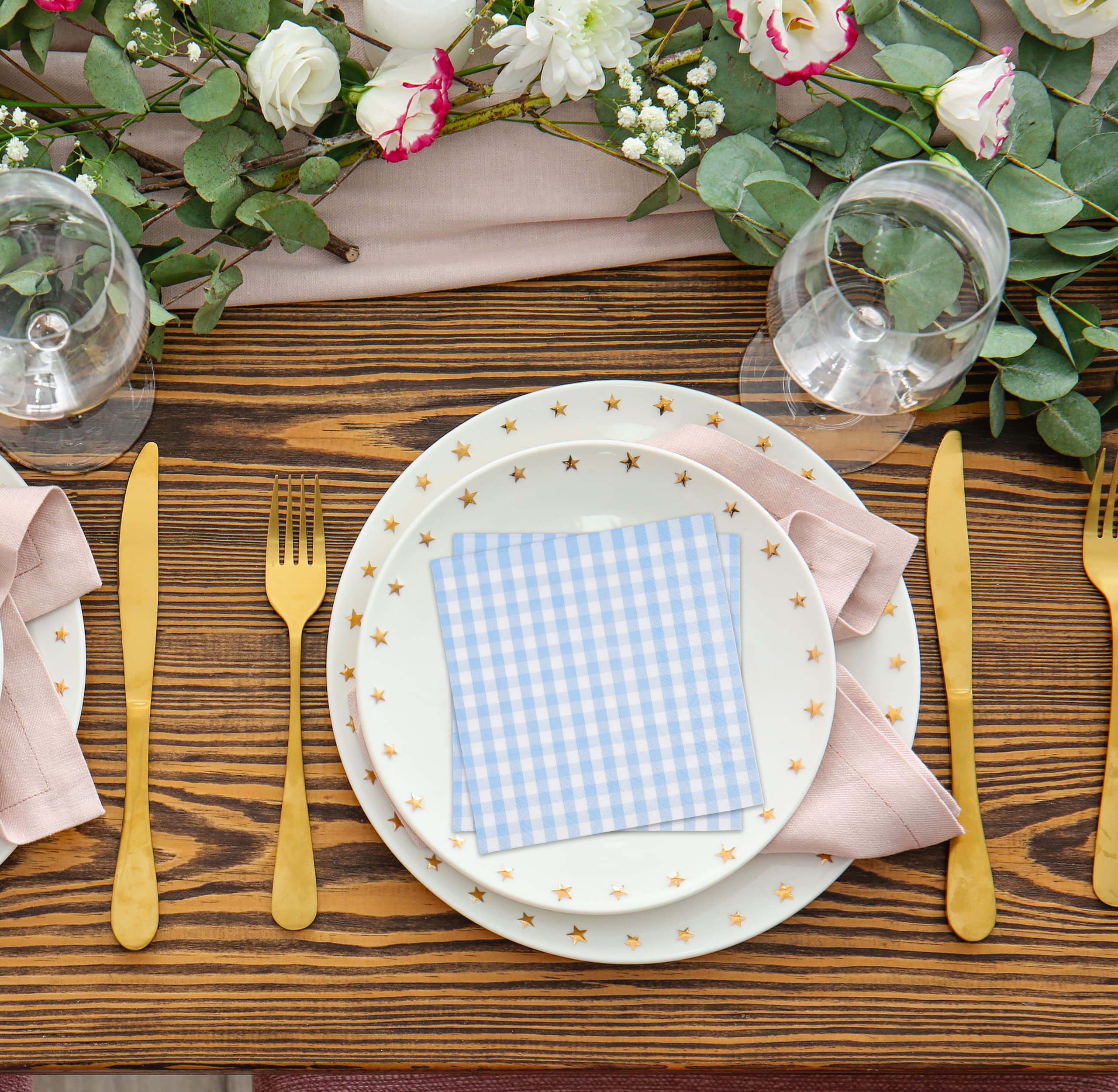 100-Pack Blue and White Gingham Disposable Cocktail Napkins - Checkered Plaid Paper Beverage Napkins for Summer Picnics, BBQs, Weddings, Baby Showers & Table Decorations | Perfect for Outdoor Parties, Bridal Showers and Dinnerware Settings