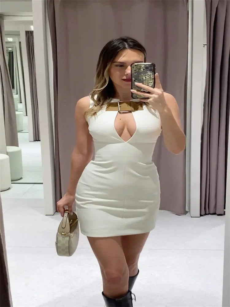 Elegant Solid Slim Sleeveless White Mini Dress for Women - Sexy Hollow Out Leather Buckle Short Vestidos - Chic Ladies Streetwear for Party, Club, Date Night & Summer Outfits